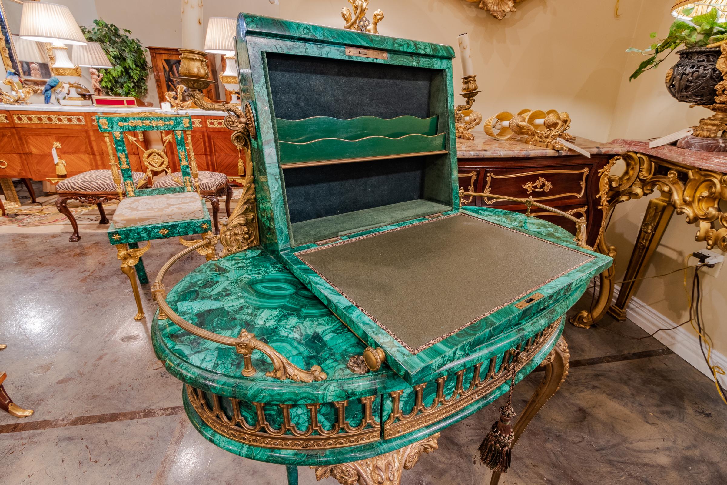 Table de bureau/table àssing française Louis XV de la fin du XIXe siècle en bronze doré et malachite en vente 3