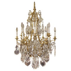 Lustre cage à 12 lumières en laiton et cristal de style Louis XV de la fin du XIXe siècle