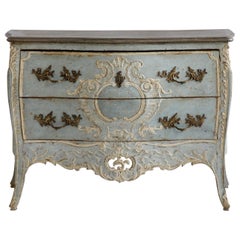 Commode française de style Louis XV de la fin du 19ème siècle en bleu/gris & avec reflets blancs