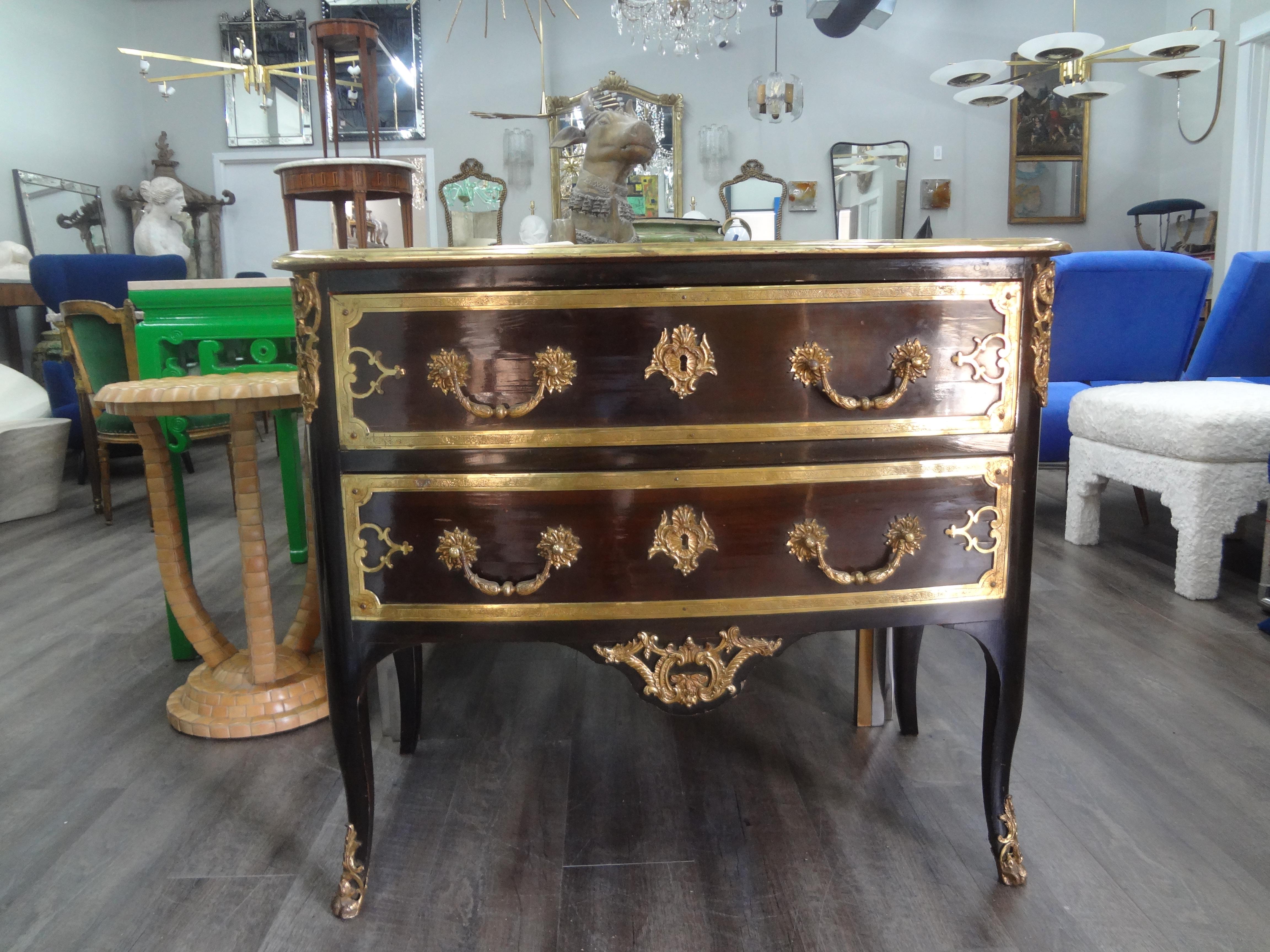  19th Century French Louis XV Style Commode or Chest.
This stunning French Louis XV style ebonized two drawer chest has beautiful gilt bronze hardware and the original locks and key.
Gorgeous!