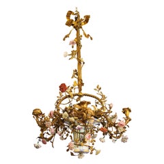 Late 19th Century French Louis XV Style Gilt Bronze Porcelain Flowers Chandelier