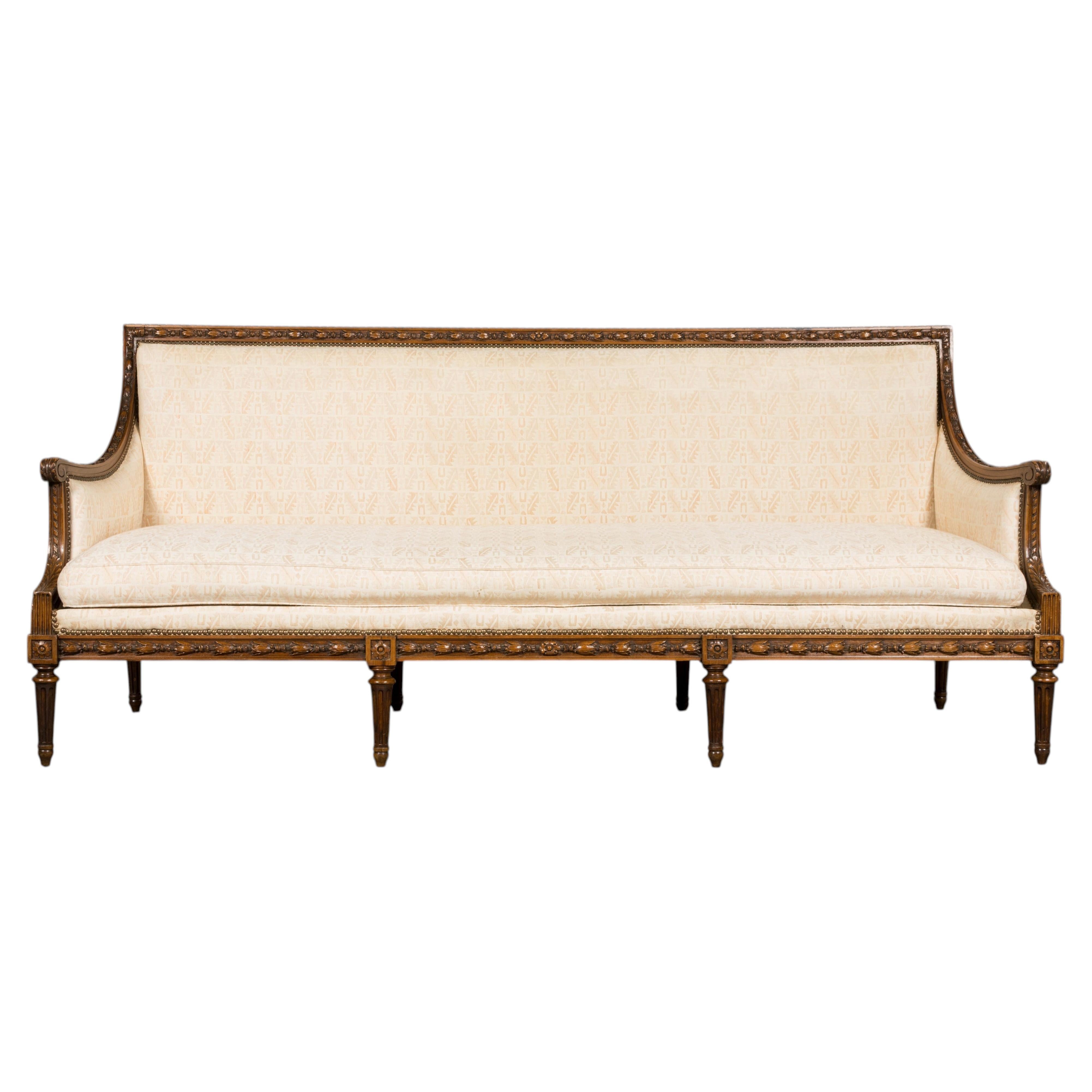 Französisches Louis-XVI-Sofa aus dem späten 19. Jahrhundert, massive Eiche, cremefarbener Jacquard