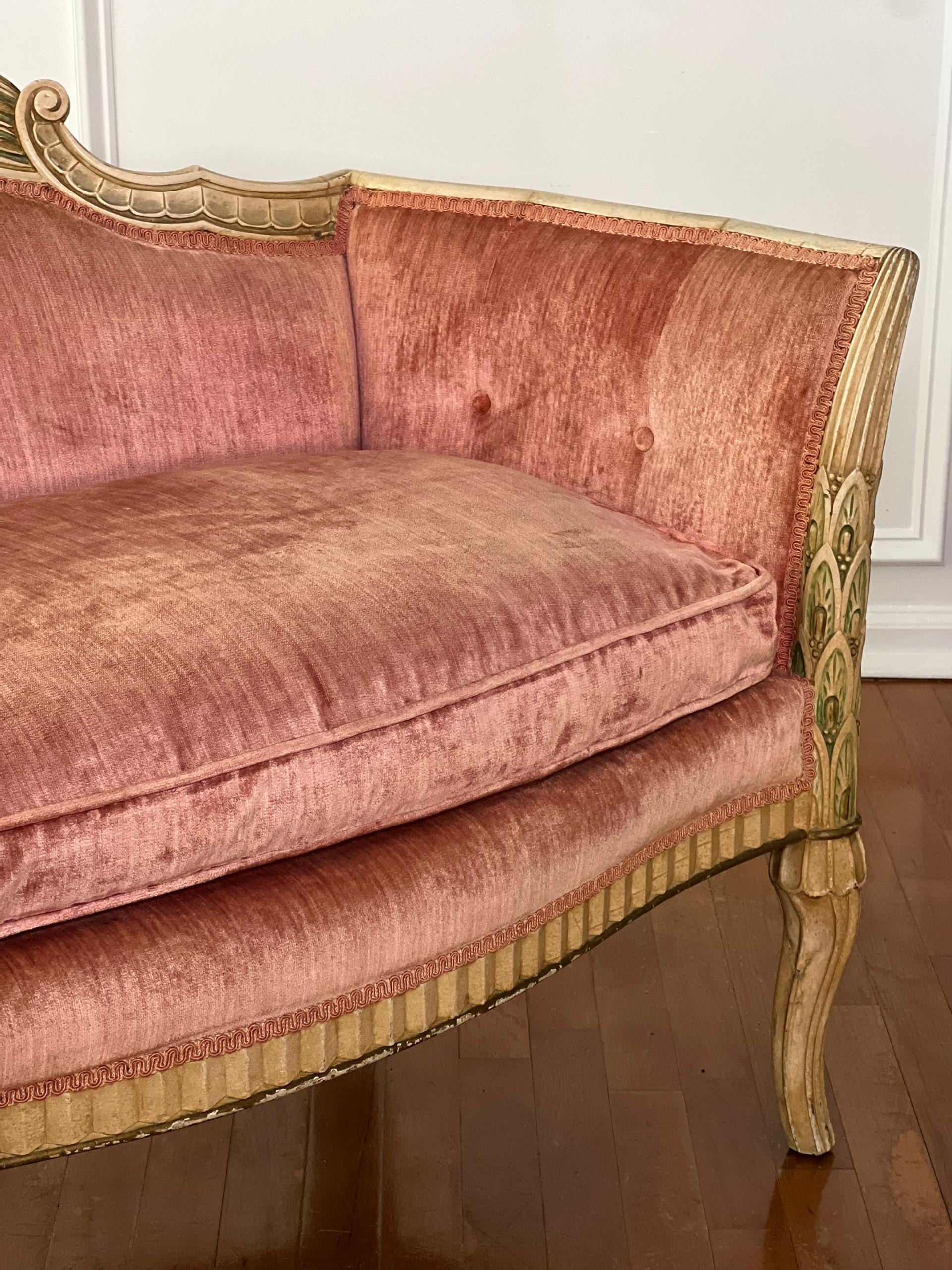 Late 19th Century French Louis XVI Carved Velvet Settee For Sale 5