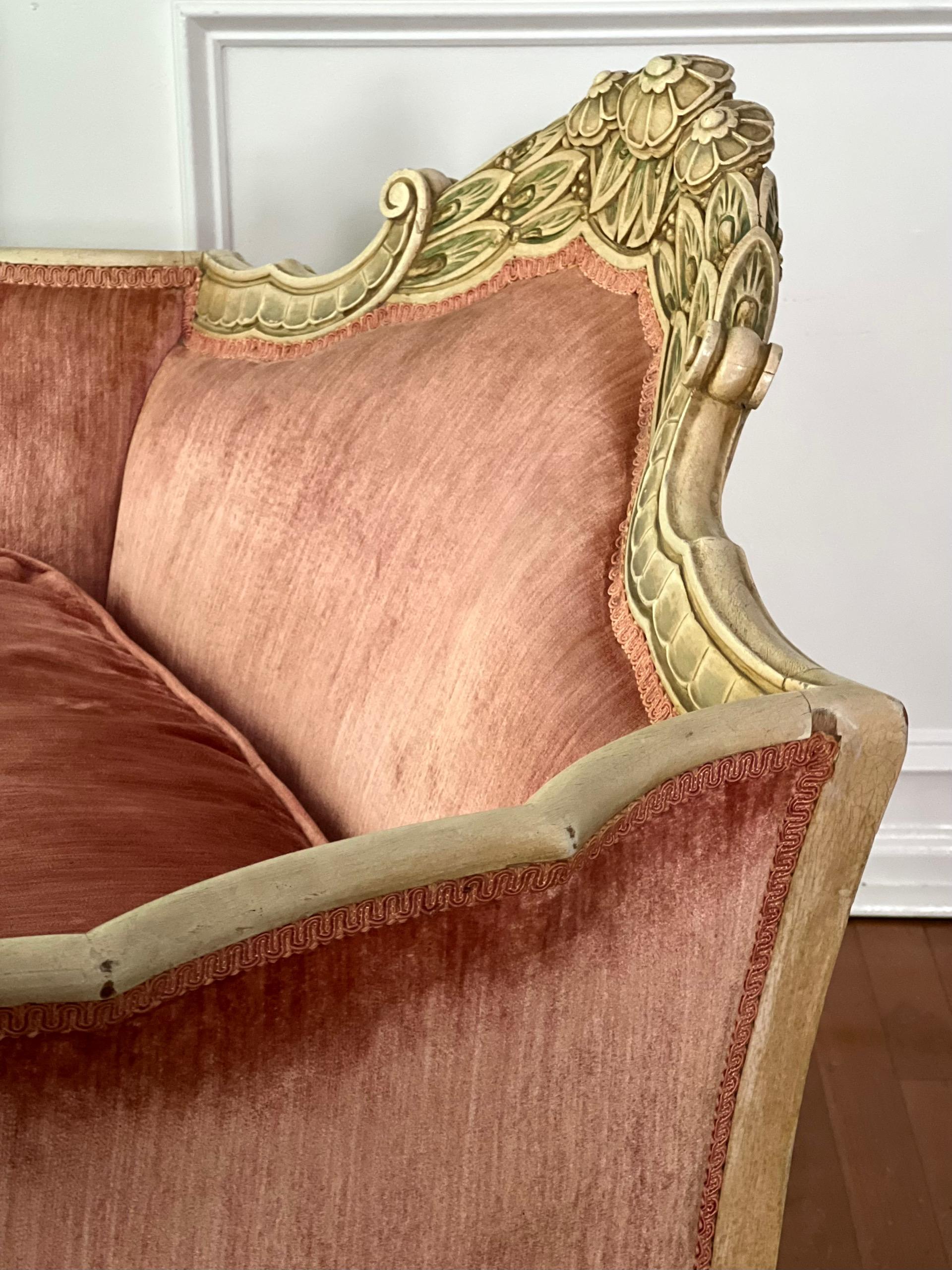 Late 19th Century French Louis XVI Carved Velvet Settee For Sale 6