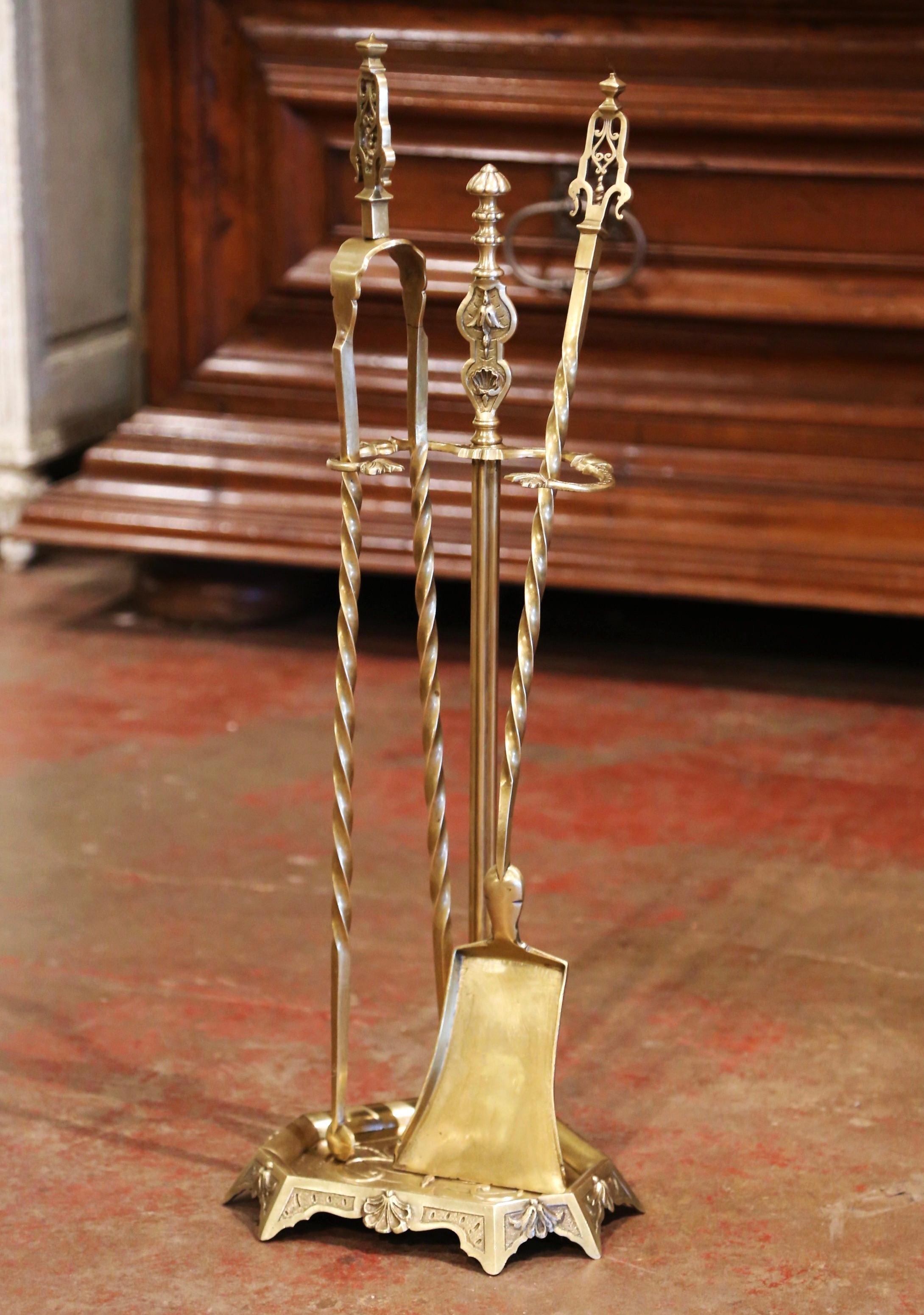 Late 19th Century French Louis XVI Gilt Bronze Fireplace Tool Set on Stand 1