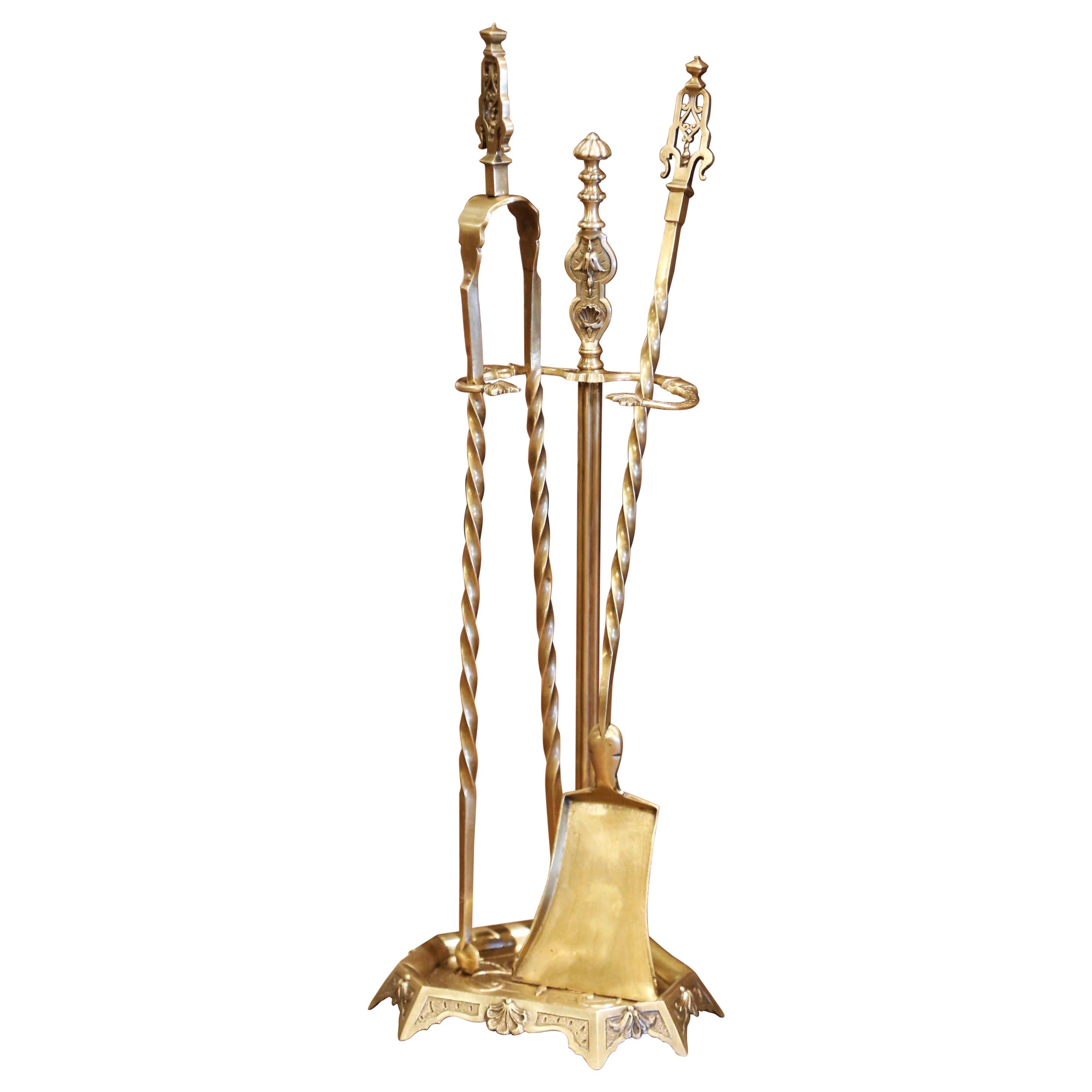 Late 19th Century French Louis XVI Gilt Bronze Fireplace Tool Set on Stand
