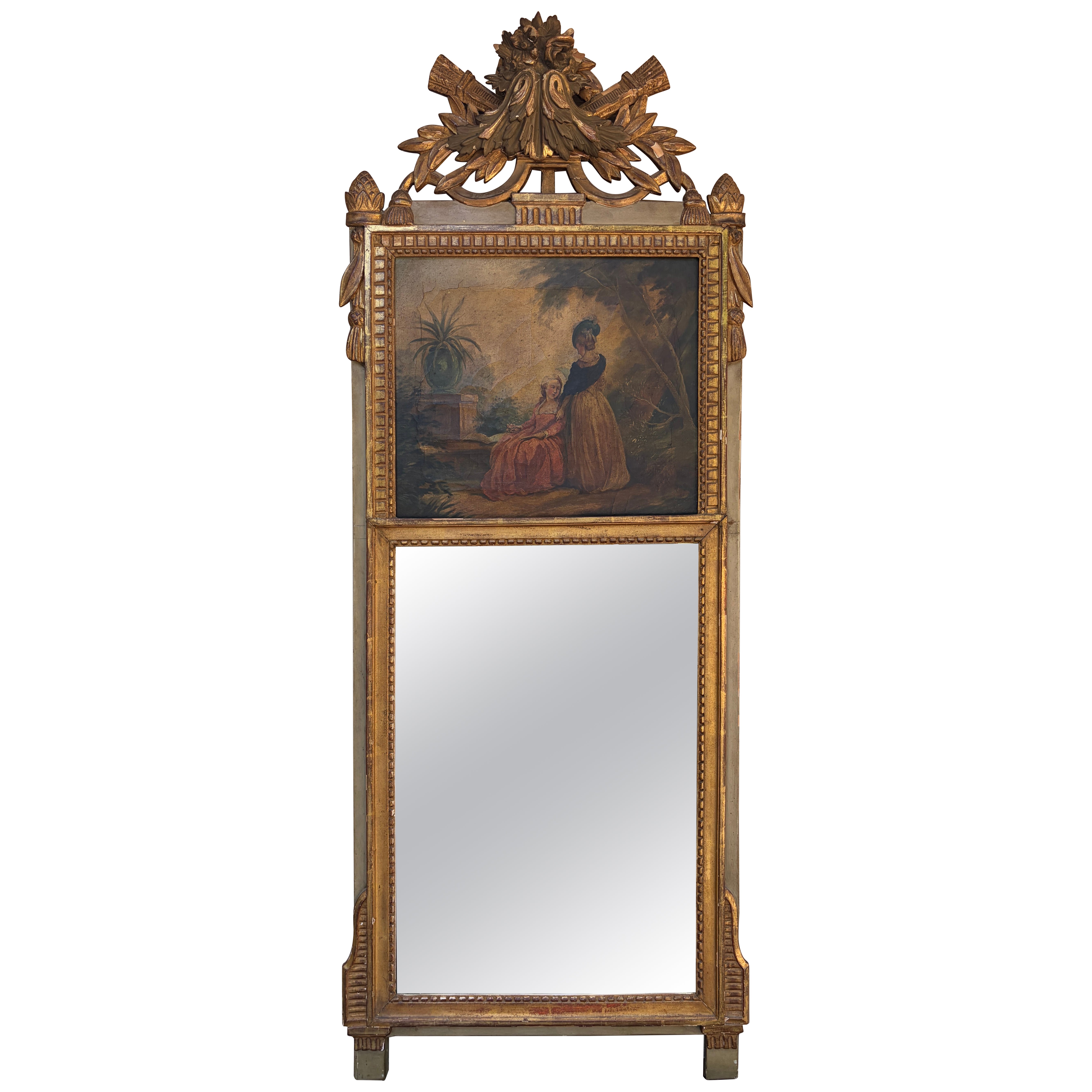 Late 19th Century French Louis XVI Giltwood Trumeau Mirror with Oil Painting