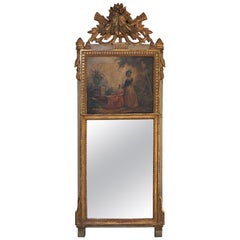 Late 19th Century French Louis XVI Giltwood Trumeau Mirror with Oil Painting
