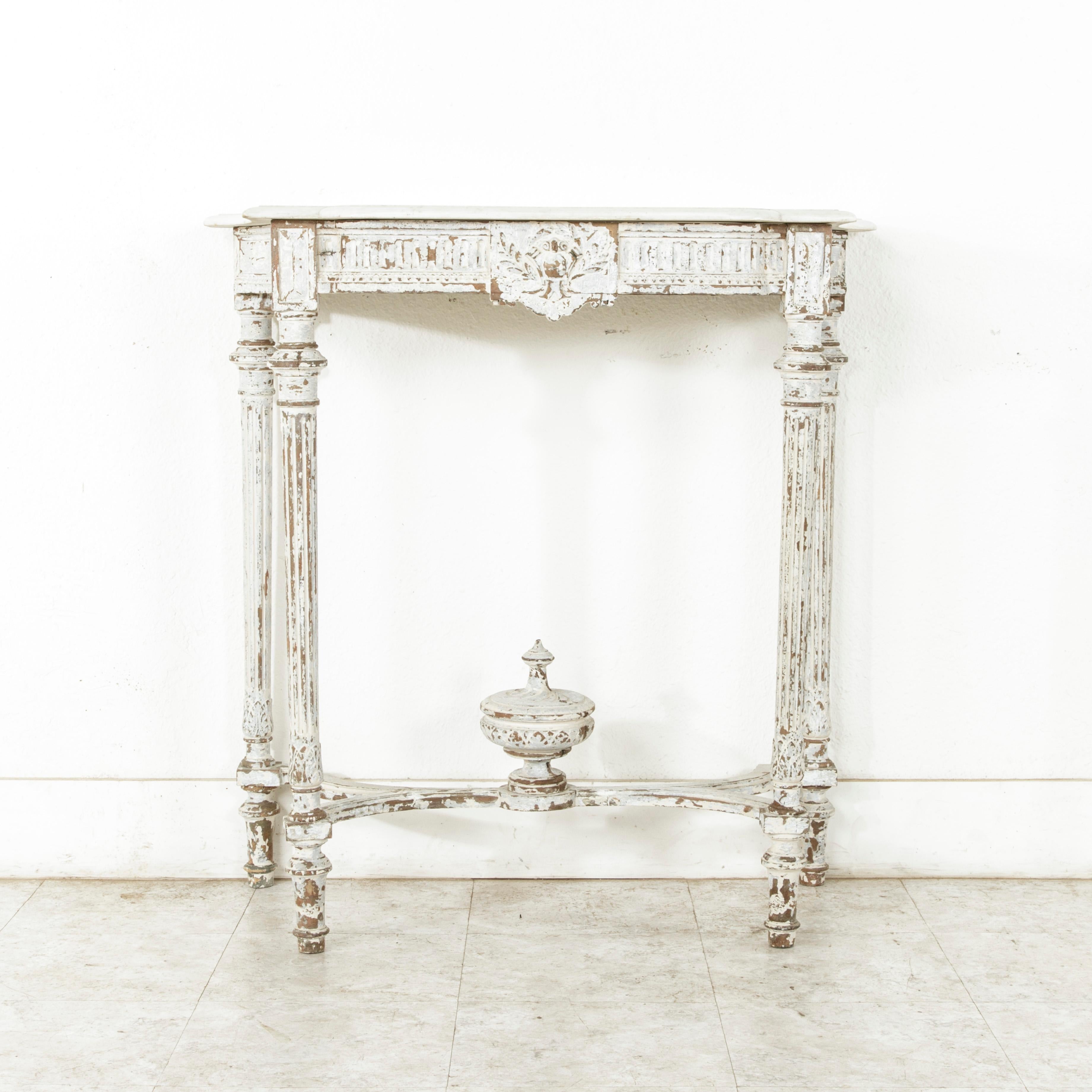 Hand-Carved Late 19th Century French Louis XVI Hand Carved Painted Console Table, Marble Top