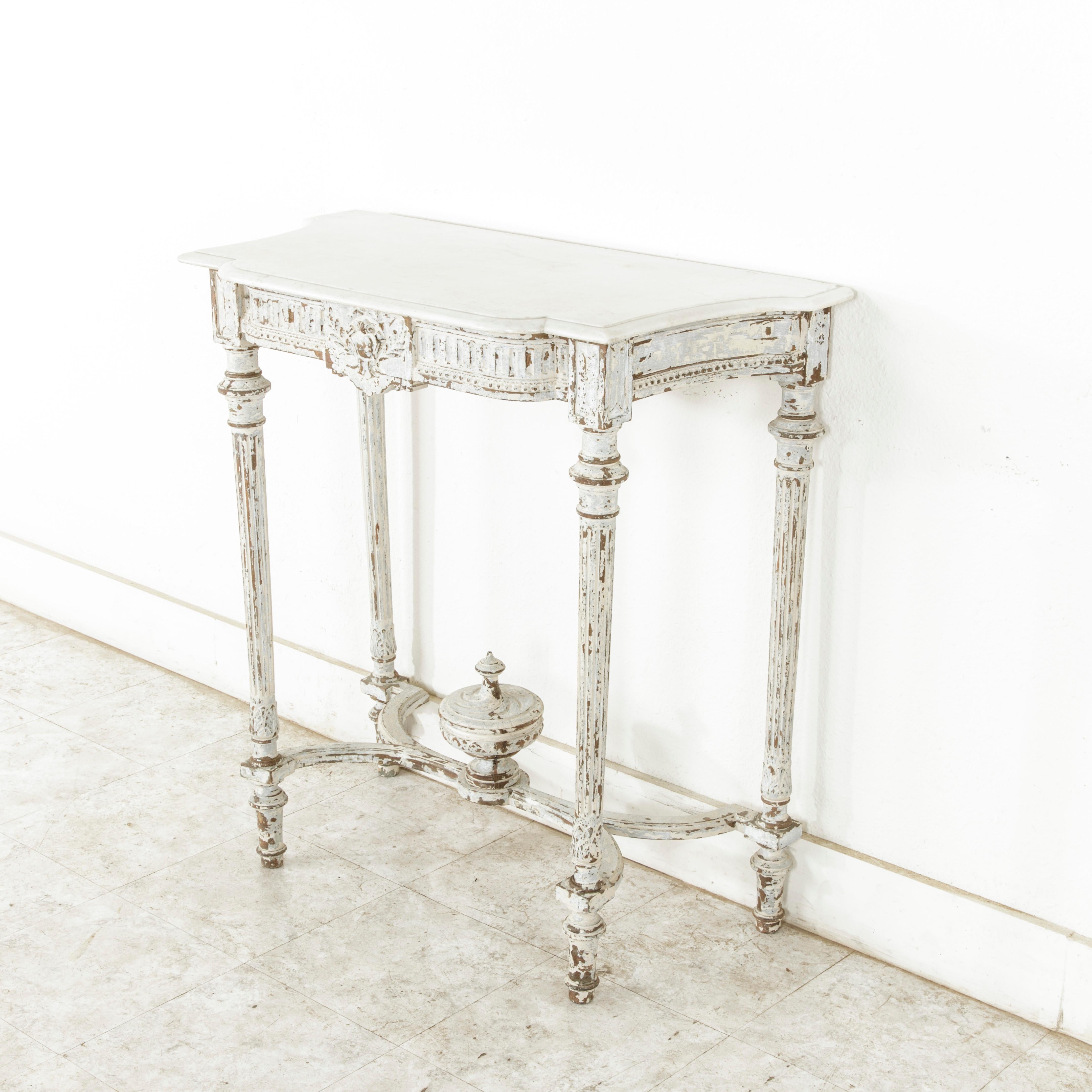 Late 19th Century French Louis XVI Hand Carved Painted Console Table, Marble Top In Good Condition In Fayetteville, AR