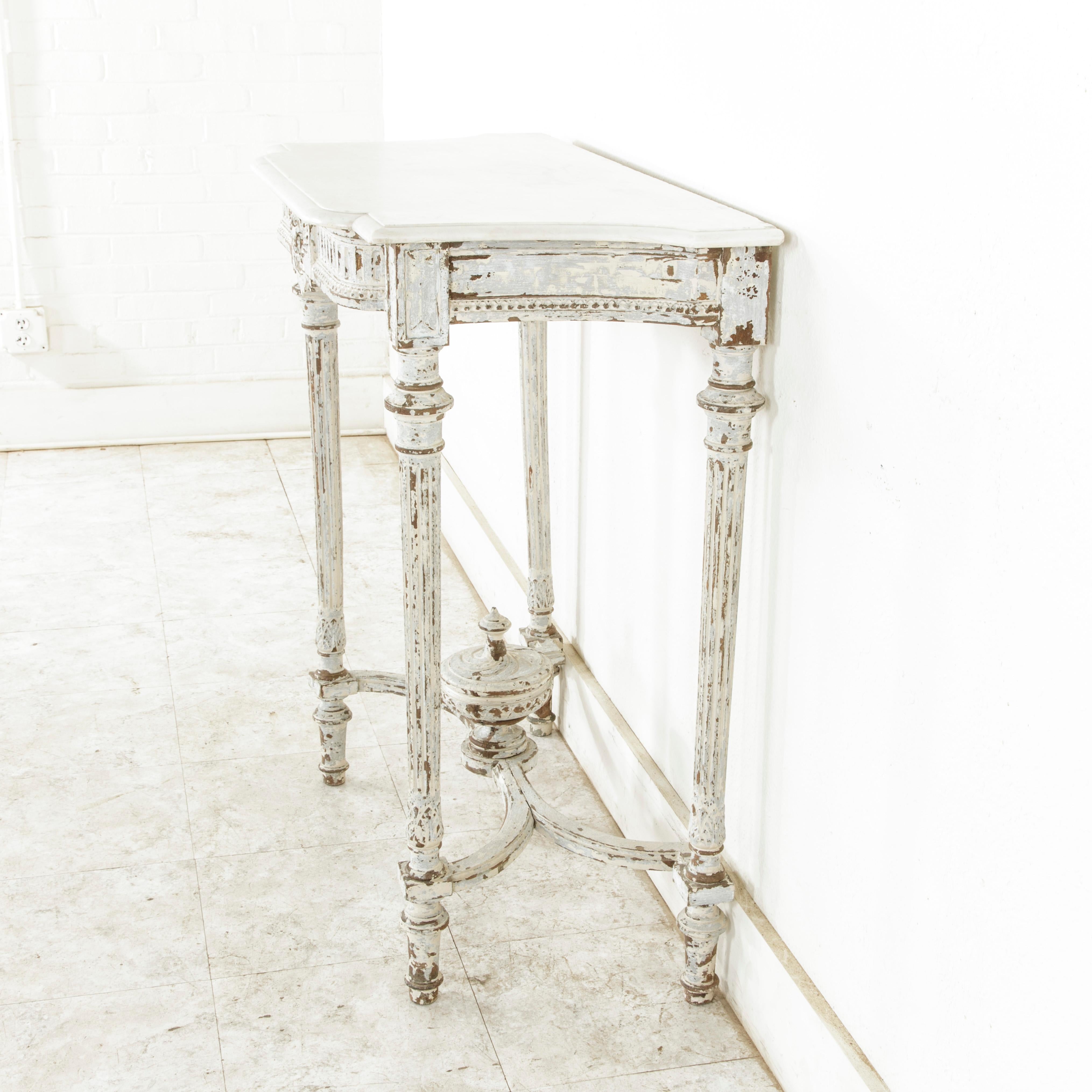 Wood Late 19th Century French Louis XVI Hand Carved Painted Console Table, Marble Top