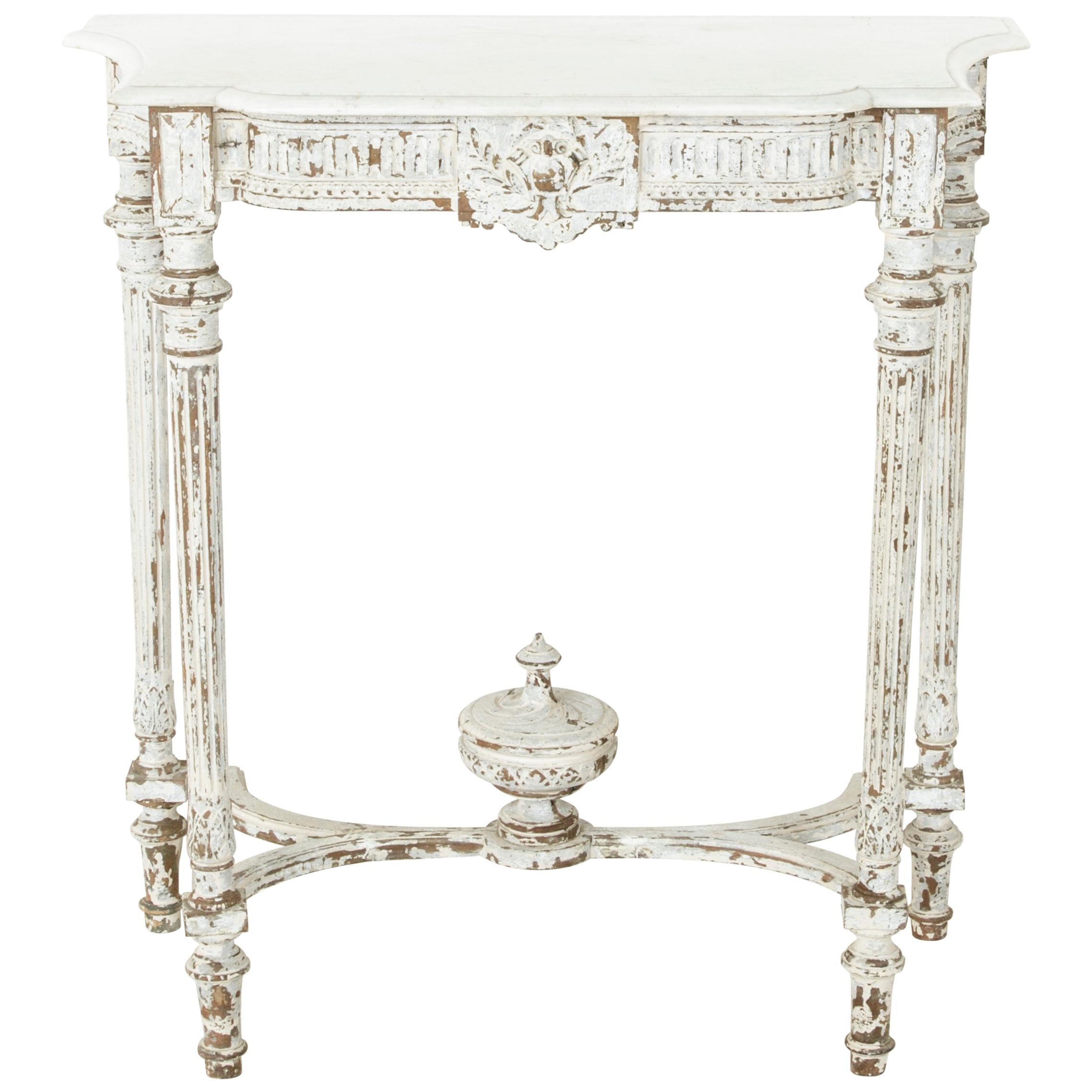Late 19th Century French Louis XVI Hand Carved Painted Console Table, Marble Top