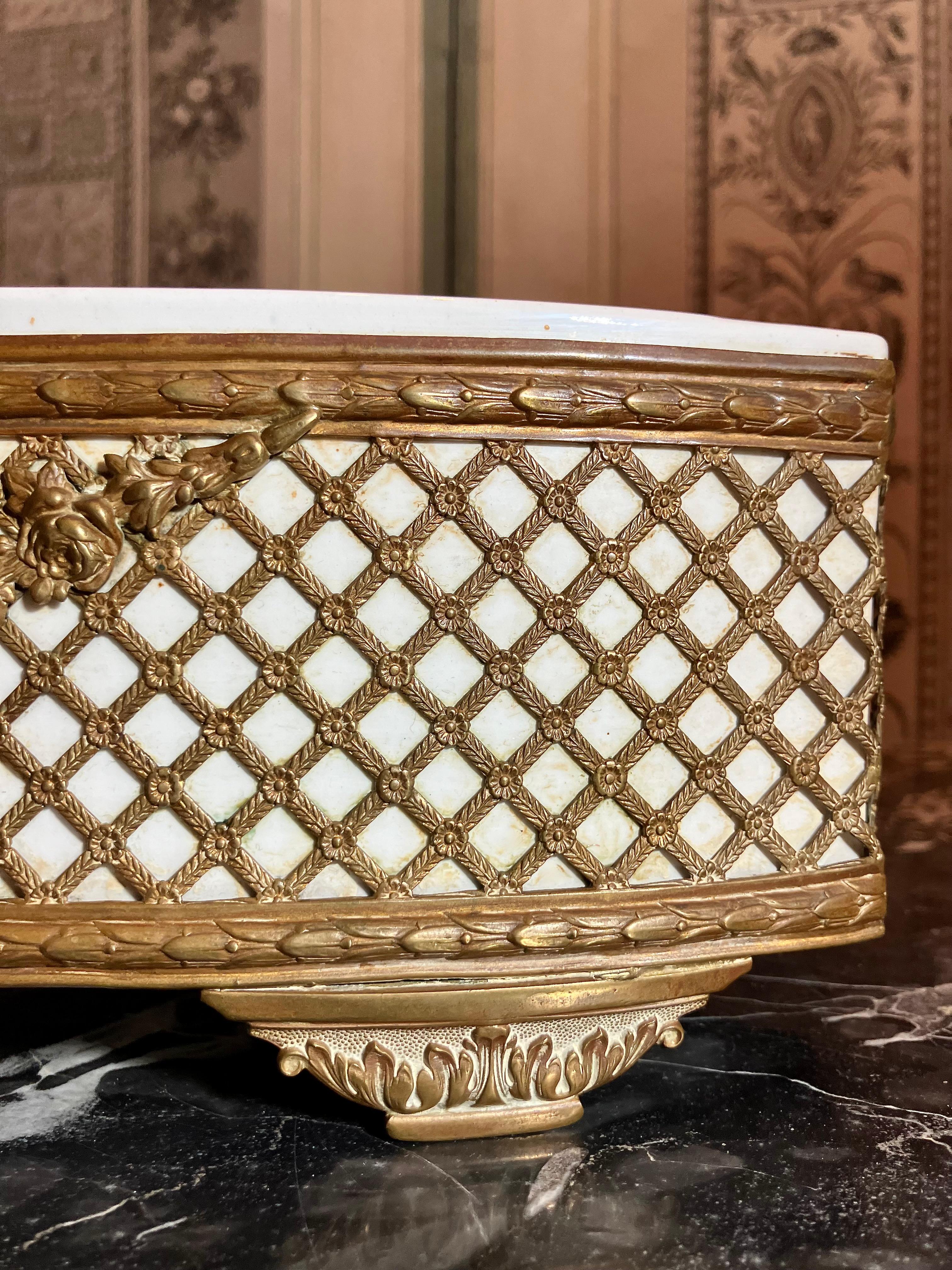 Metal Late 19th Century French Louis XVI Style Gilt Brass & Ceramic Jardiniere For Sale