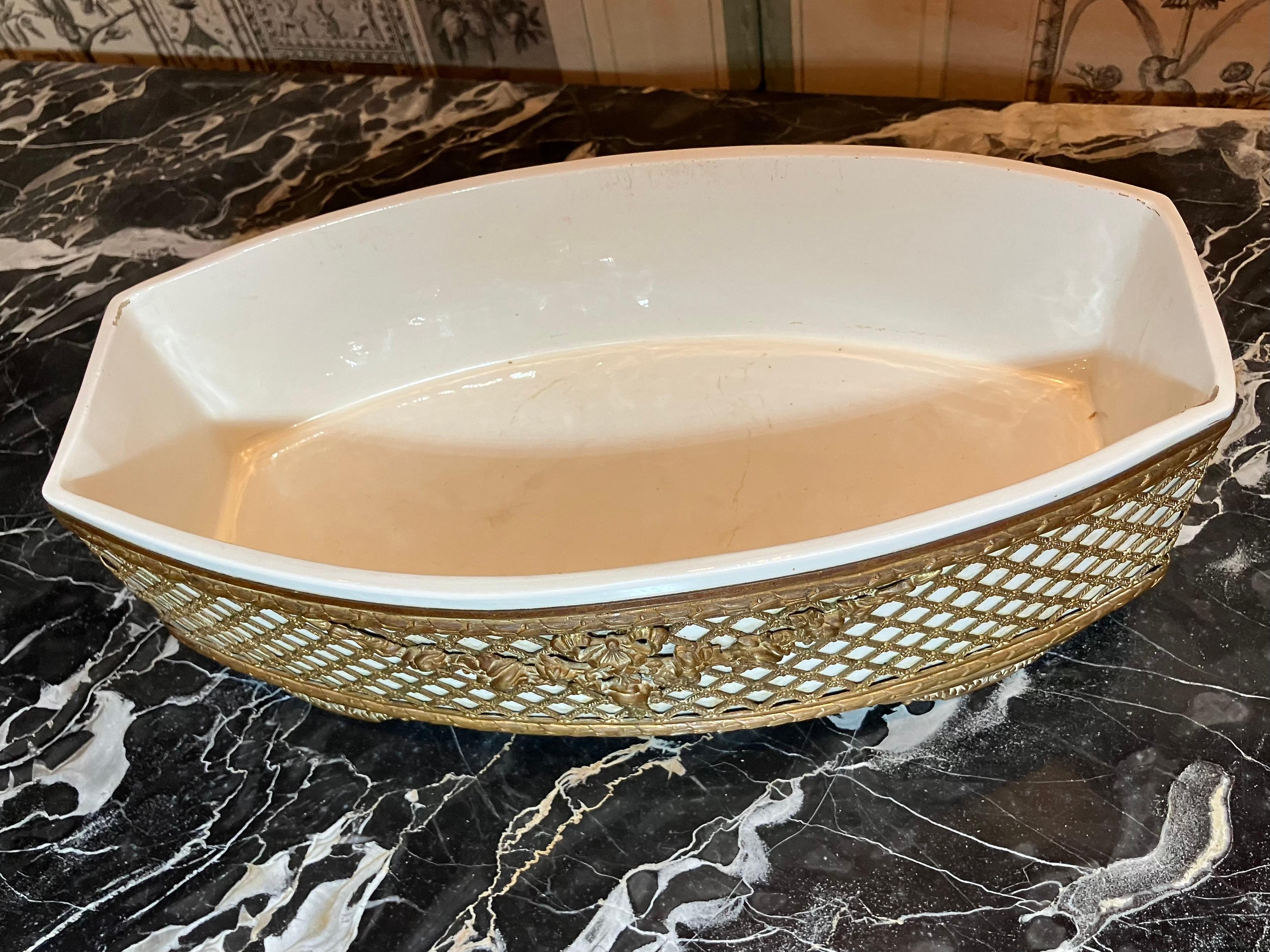 Late 19th Century French Louis XVI Style Gilt Brass & Ceramic Jardiniere For Sale 3