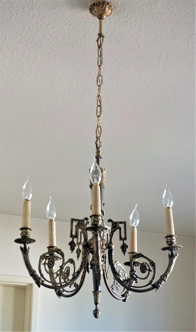 Late 19th Century French Louis XVI Style Gilt Bronze Five-Light Chandelier For Sale 1