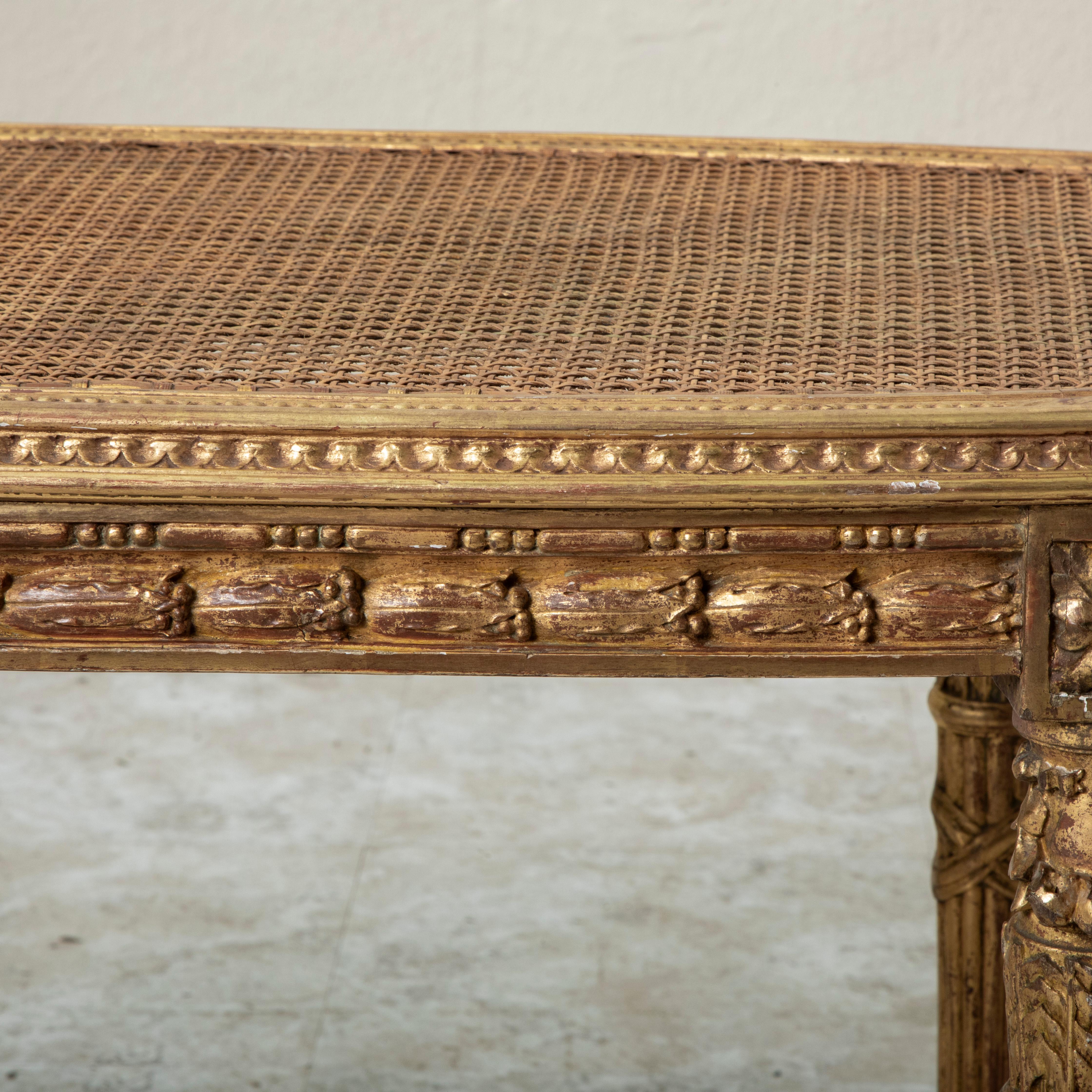 Late 19th Century French Louis XVI Style Gilt Wood Bench, Caned Seat For Sale 9