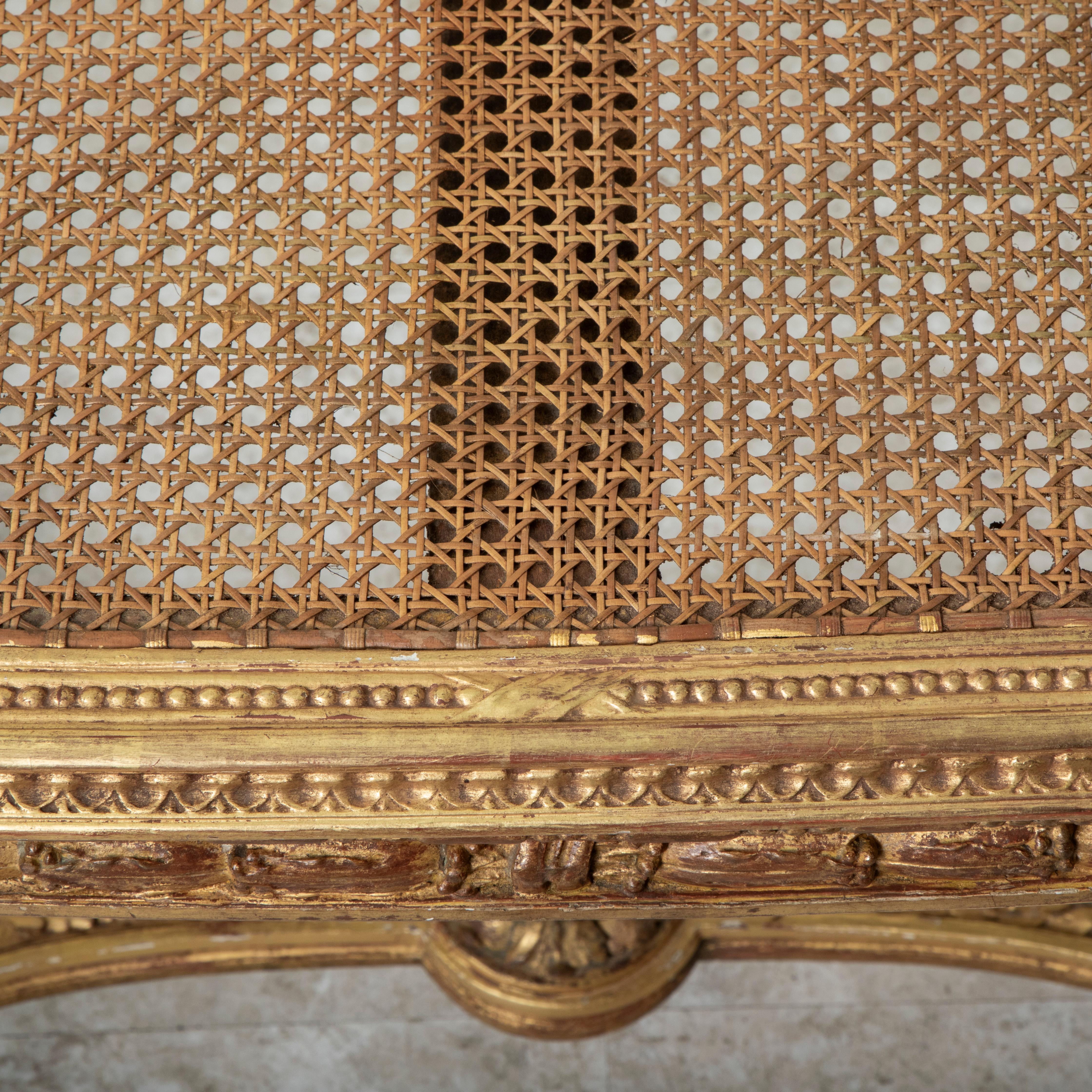 Late 19th Century French Louis XVI Style Gilt Wood Bench, Caned Seat For Sale 10