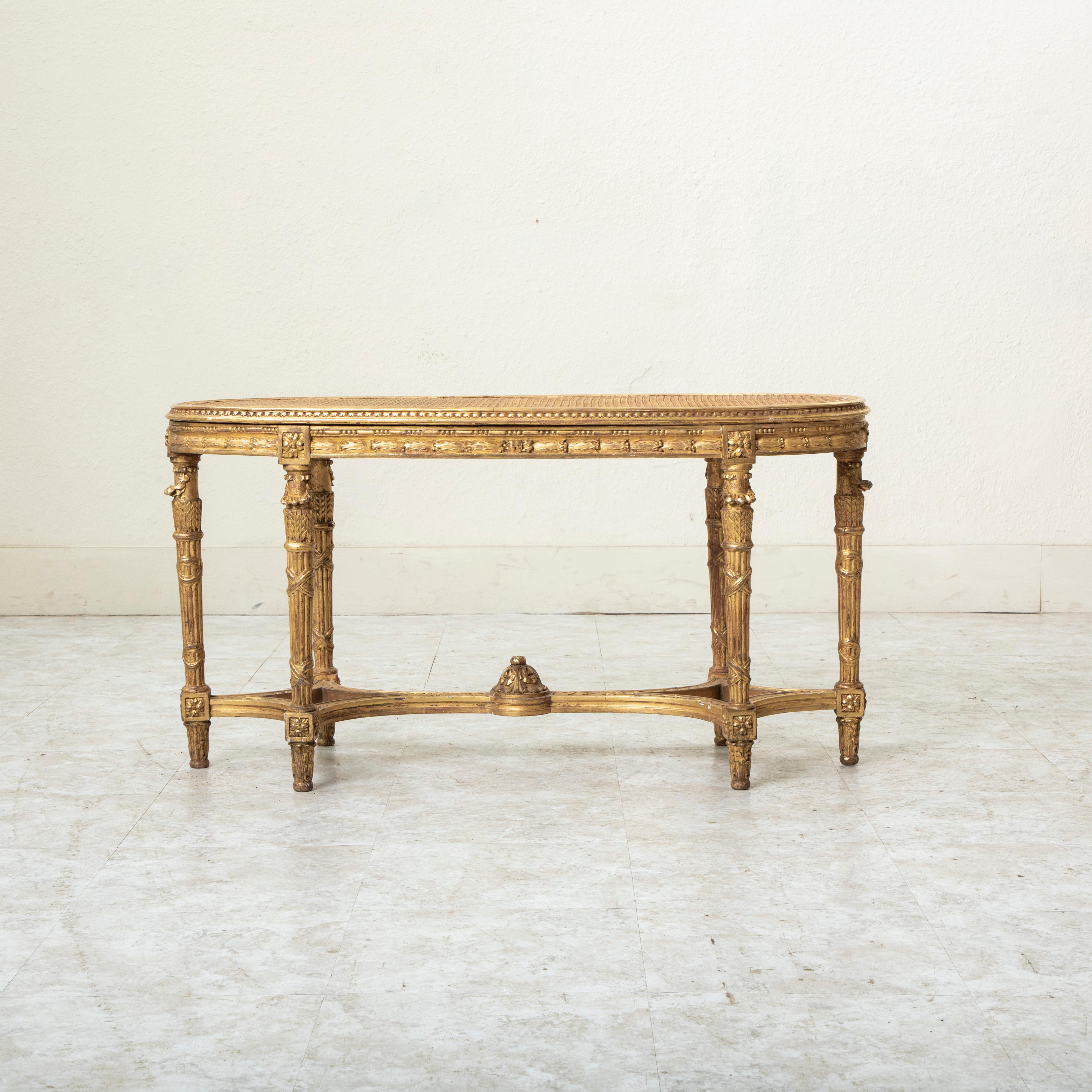 Late 19th Century French Louis XVI Style Gilt Wood Bench, Caned Seat For Sale 2