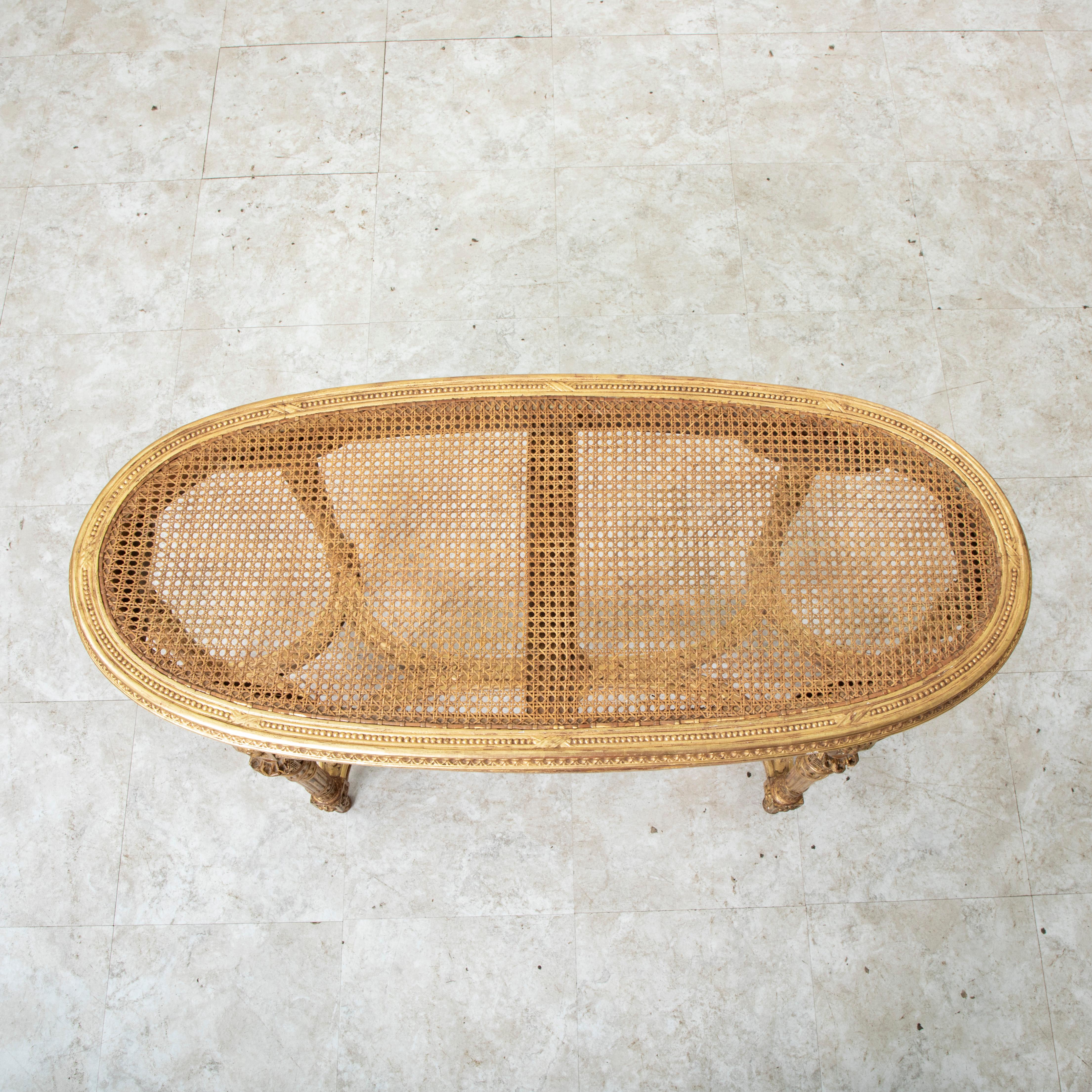 Late 19th Century French Louis XVI Style Gilt Wood Bench, Caned Seat For Sale 4