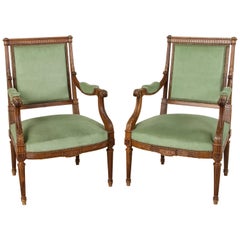 Late 19th Century French Louis XVI Style Hand Carved Walnut Armchairs, Bergeres