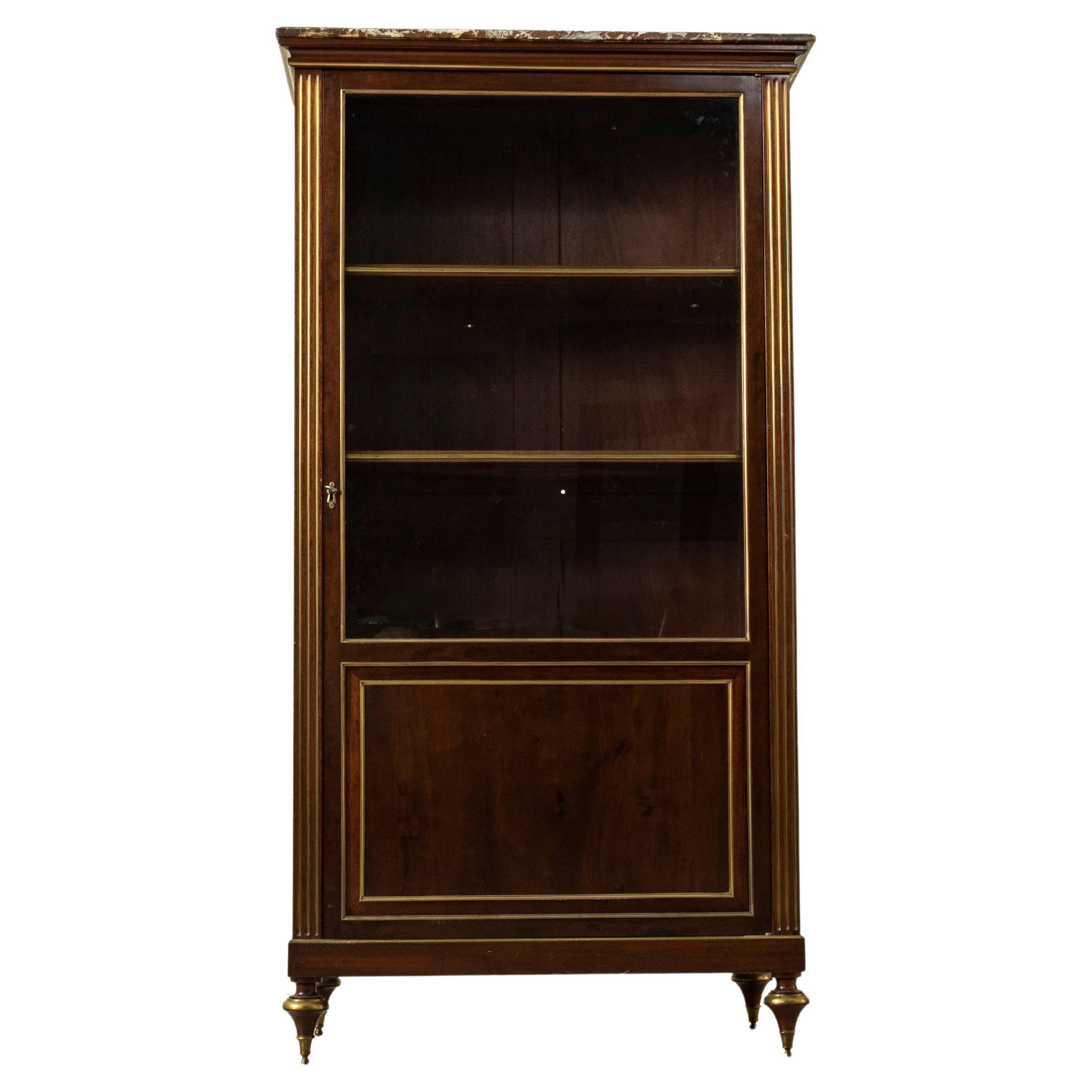 Late 19th Century French Louis XVI Style Mahogany Vitrine, Bookcase, Marble Top For Sale
