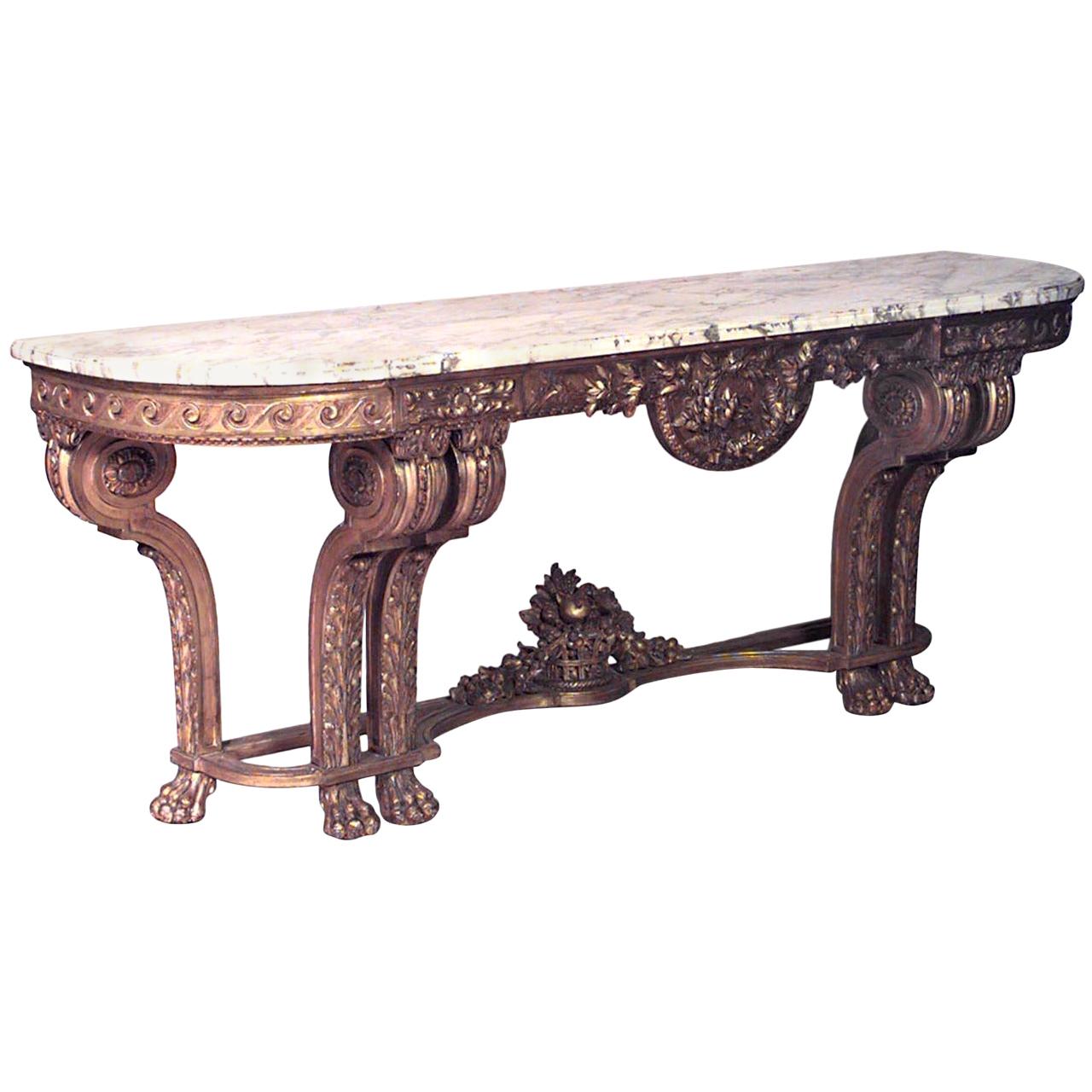 Table console française de style Louis XVI en bois doré et plateau en marbre