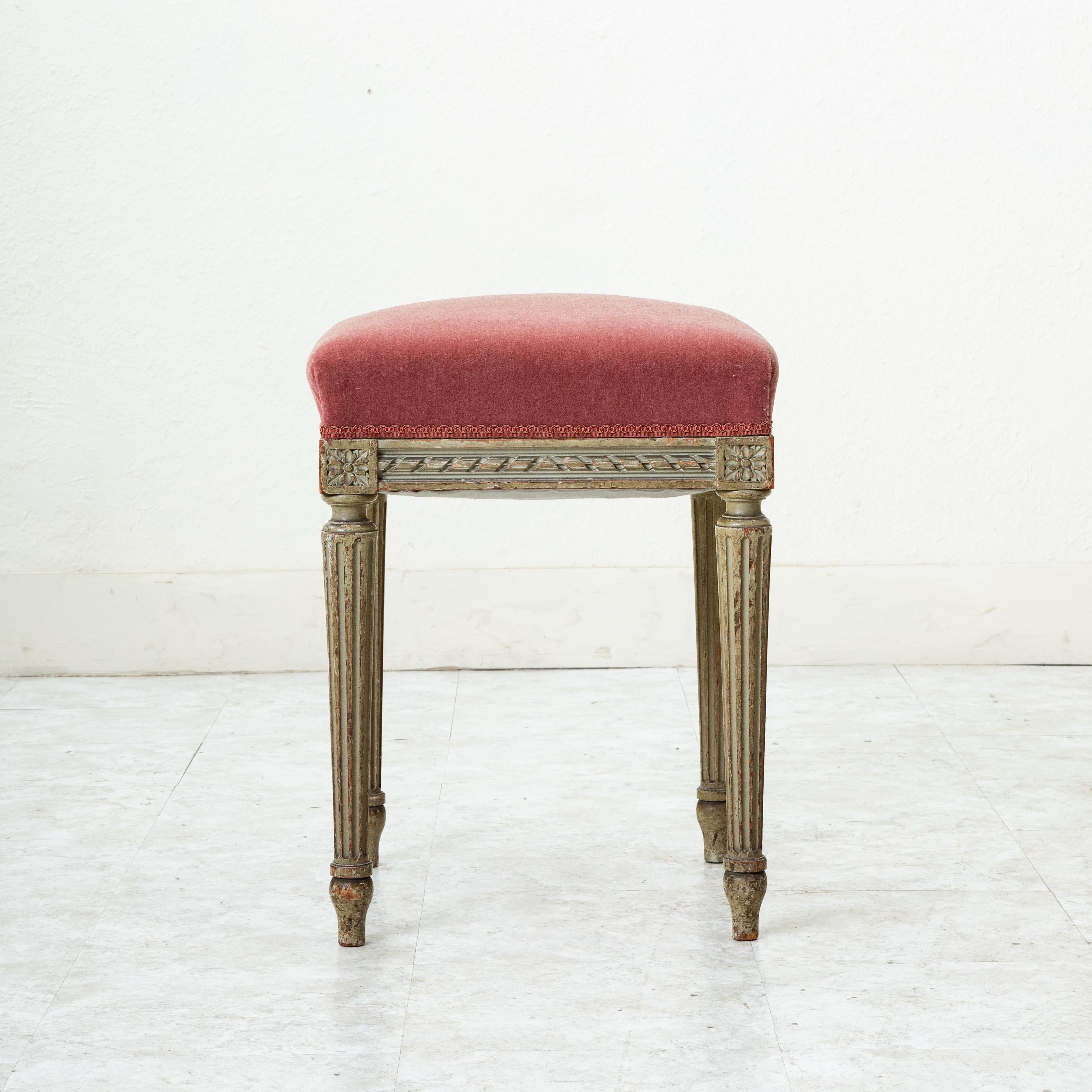 Velvet Late 19th Century French Louis XVI Style Painted Banquette Bench or Vanity Stool