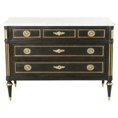 Late 19th Century French Louis XVI Style Painted Black Commode or Chest, Marble