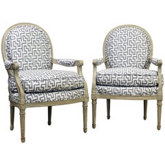 Late 19th Century French Louis XVI Style Painted Open Oval Back Armchairs, Pair