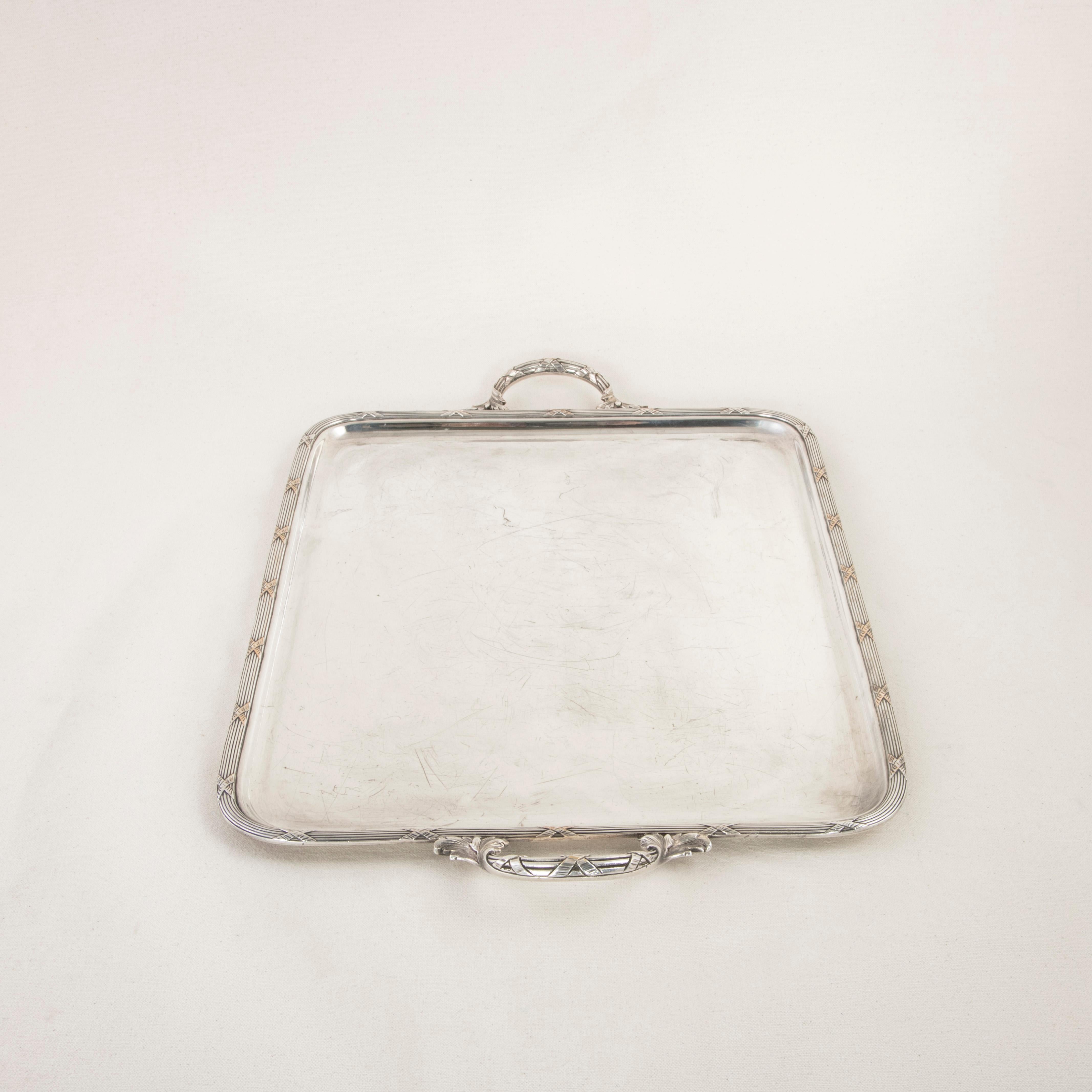 Late 19th Century French Louis XVI Style Silver Plate Serving Tray with Handles In Good Condition In Fayetteville, AR