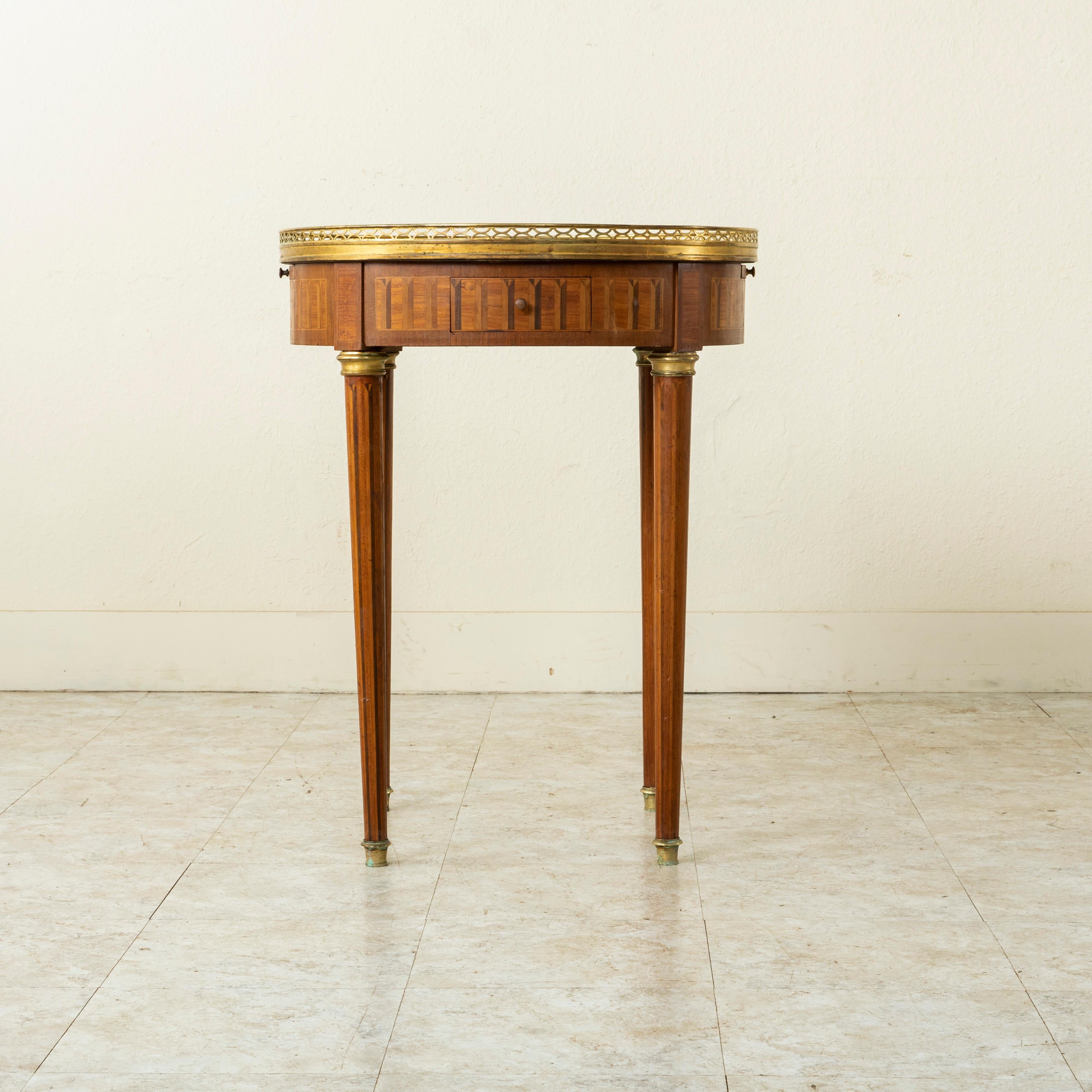 Marquetry Late 19th Century French Louis XVI Style Table Bouillotte Side Table, Marble Top