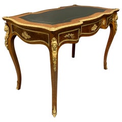 Late 19th Century French Mahogany and Brass Mounted Bureau Plat with Leather Top
