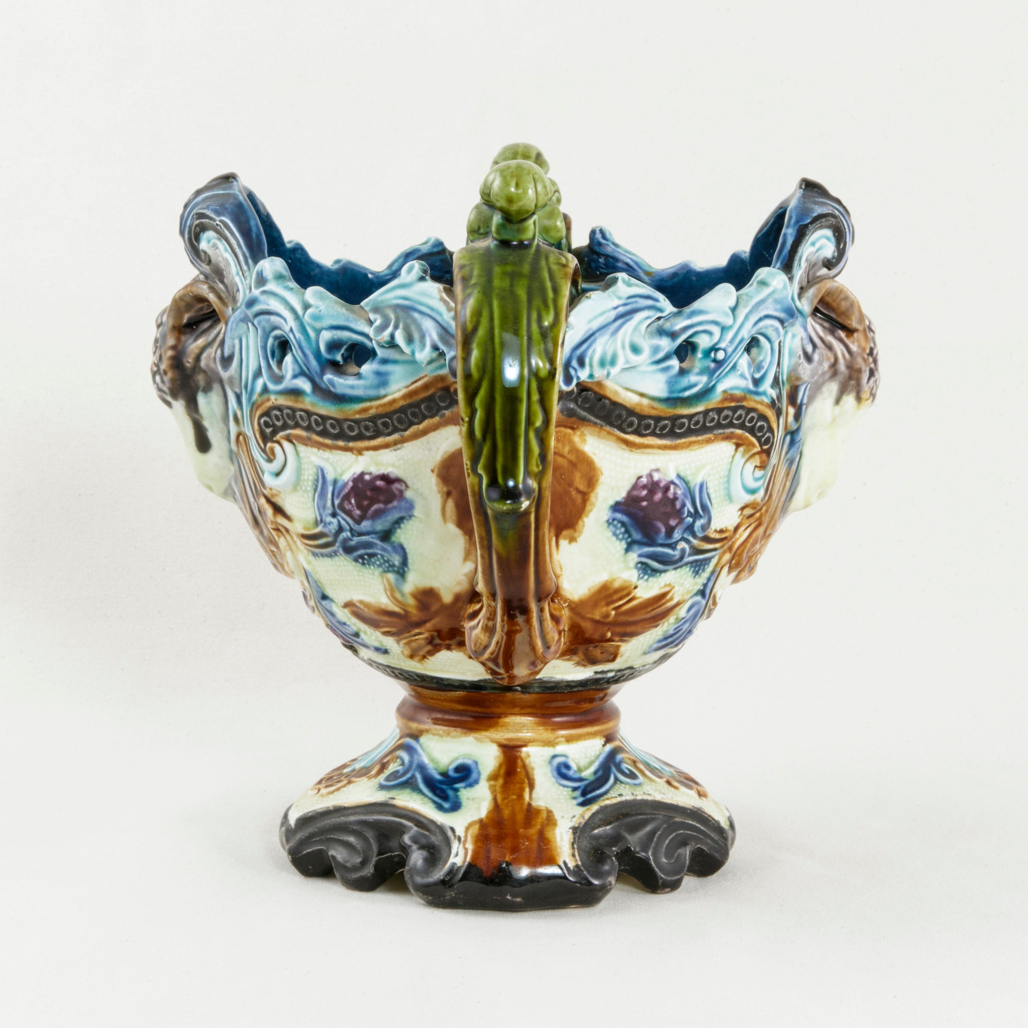 Late 19th Century French Majolica Cachepot or Planter with Ram's Heads In Good Condition In Fayetteville, AR