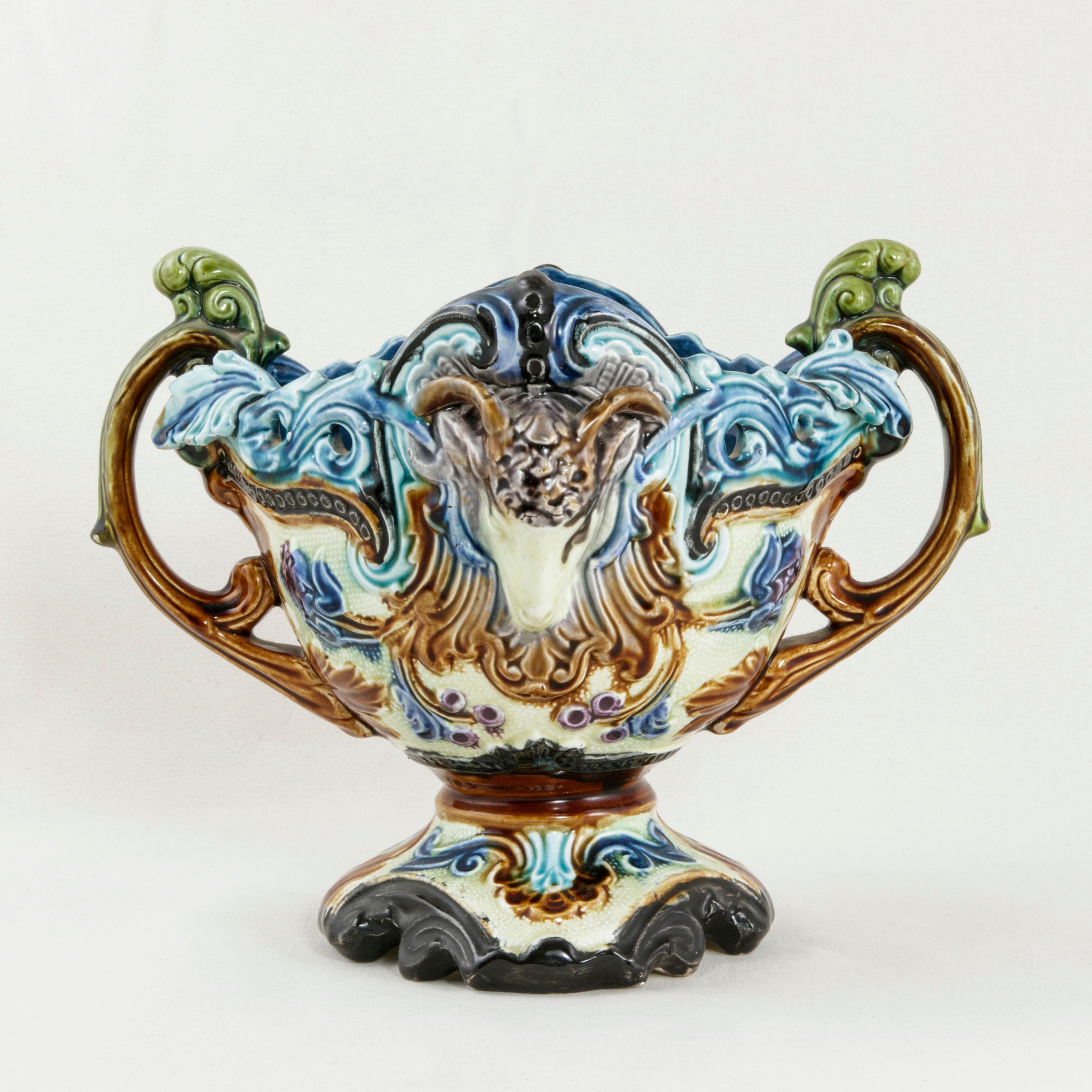 Ceramic Late 19th Century French Majolica Cachepot or Planter with Ram's Heads