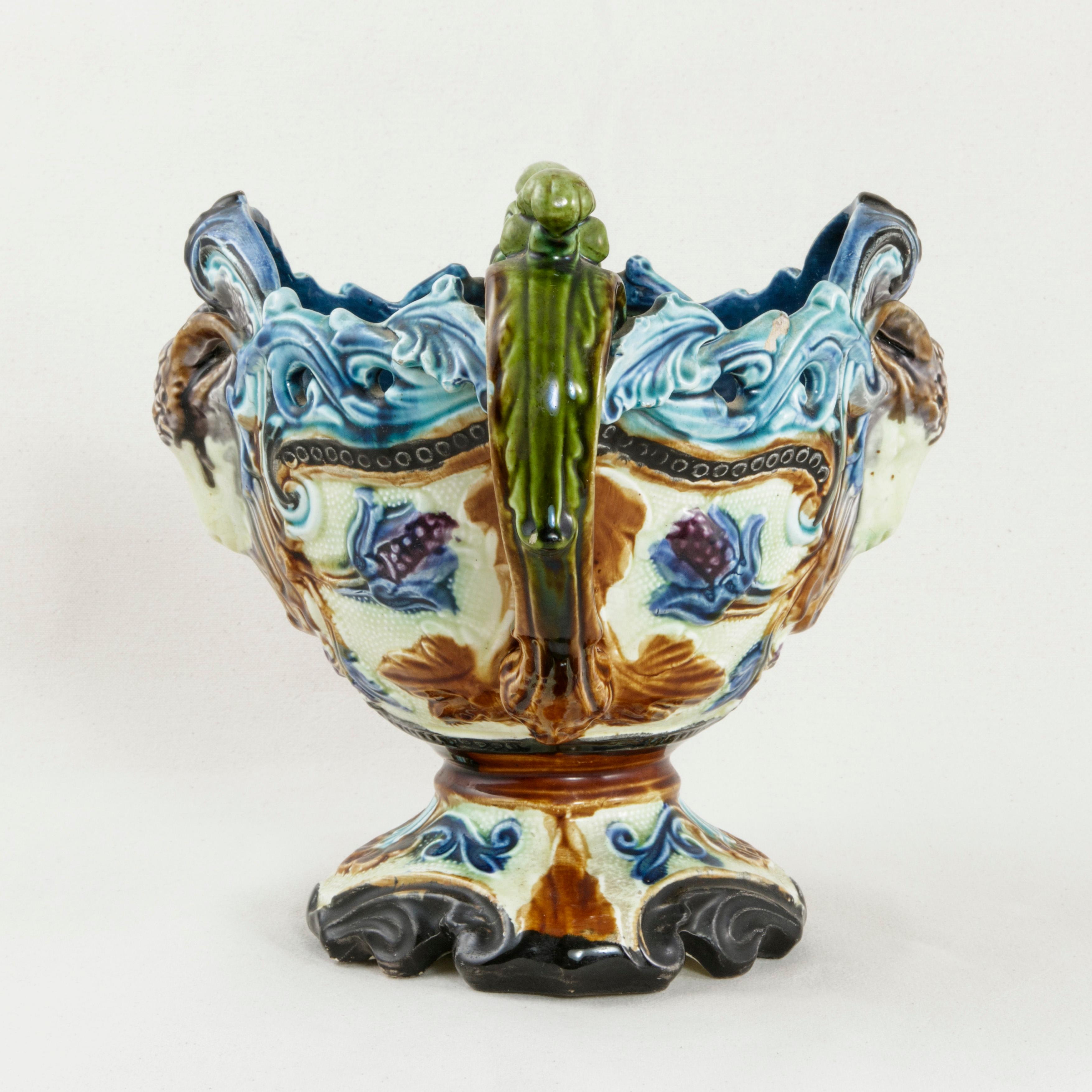 Late 19th Century French Majolica Cachepot or Planter with Ram's Heads 1