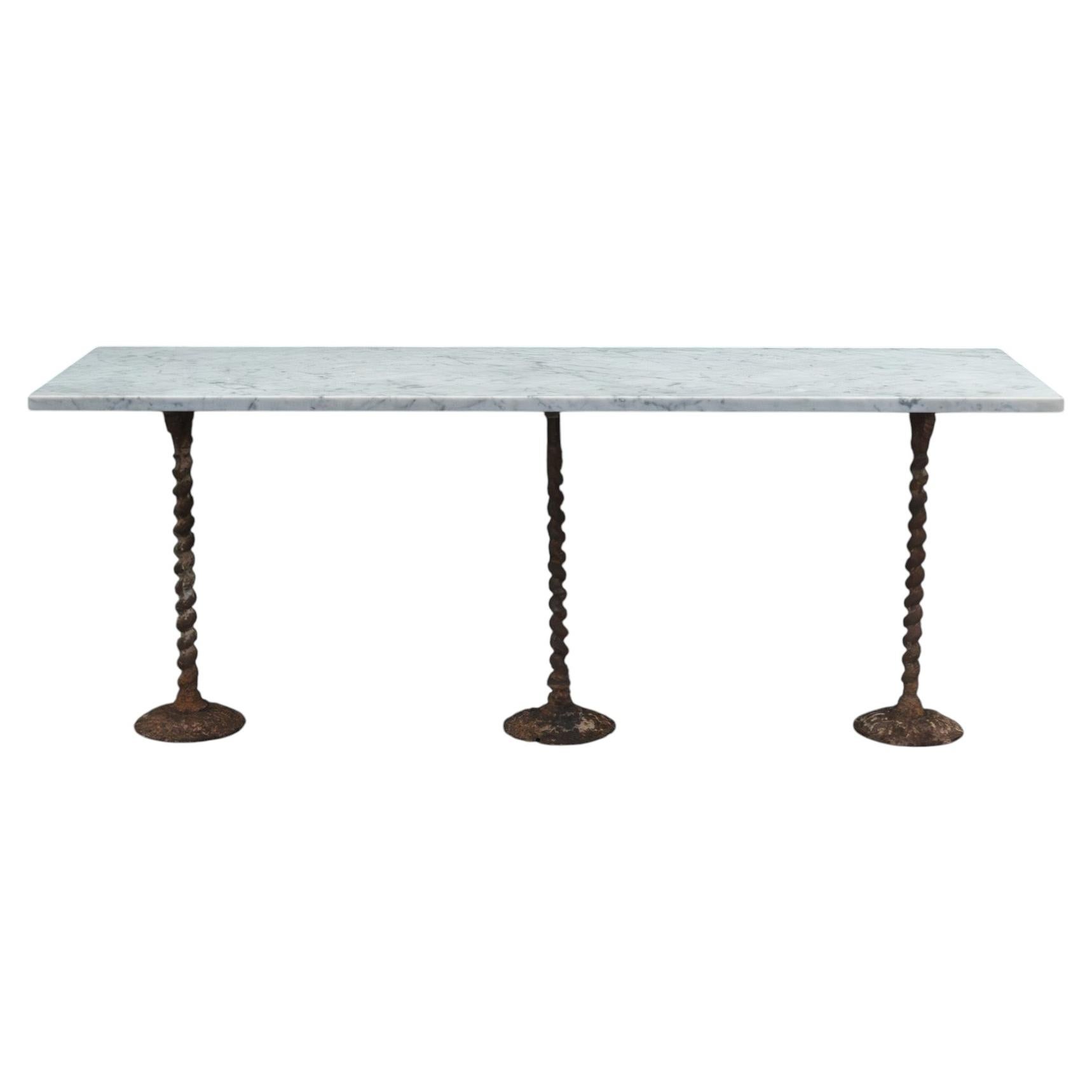 Late 19th Century French Marble Top Conservatory Table with Iron Twist Base For Sale