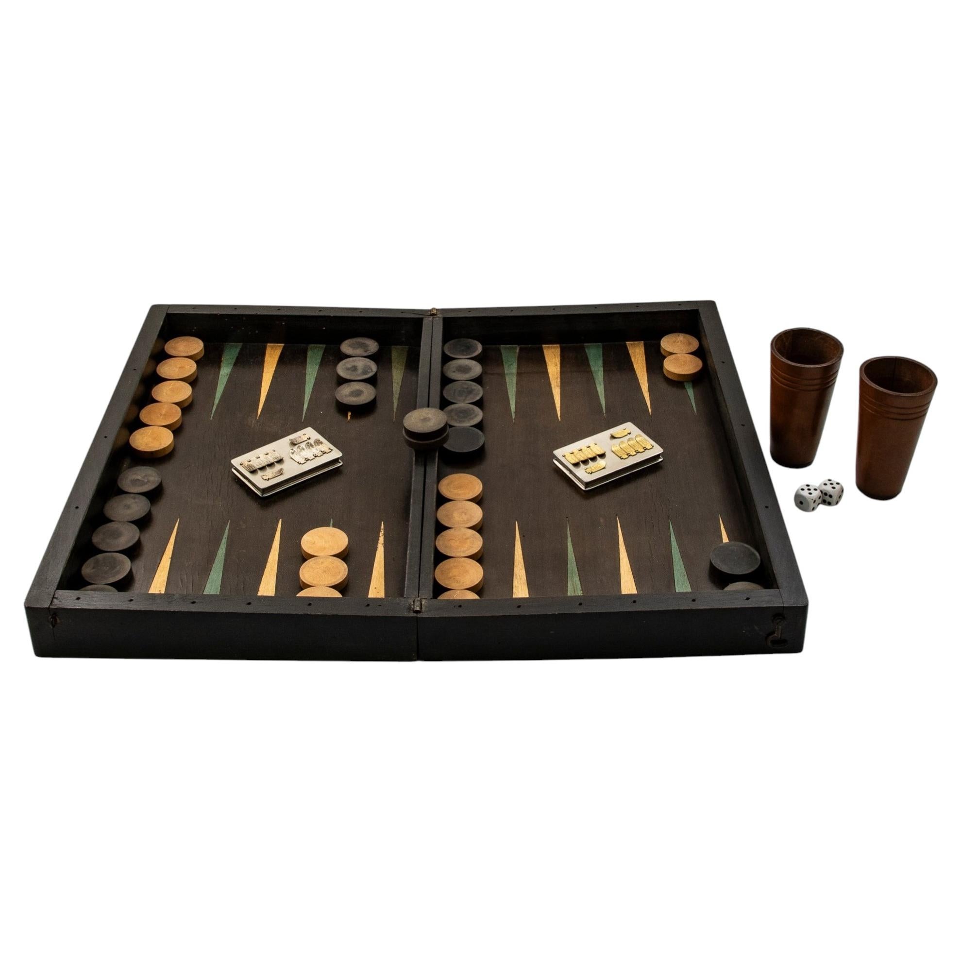 Scatola da gioco francese con intarsio della fine del XIX secolo, backgammon, dama, scacchi