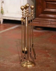 Late 19th Century French Napoleon III Brass Fireplace Tool Set on Stand