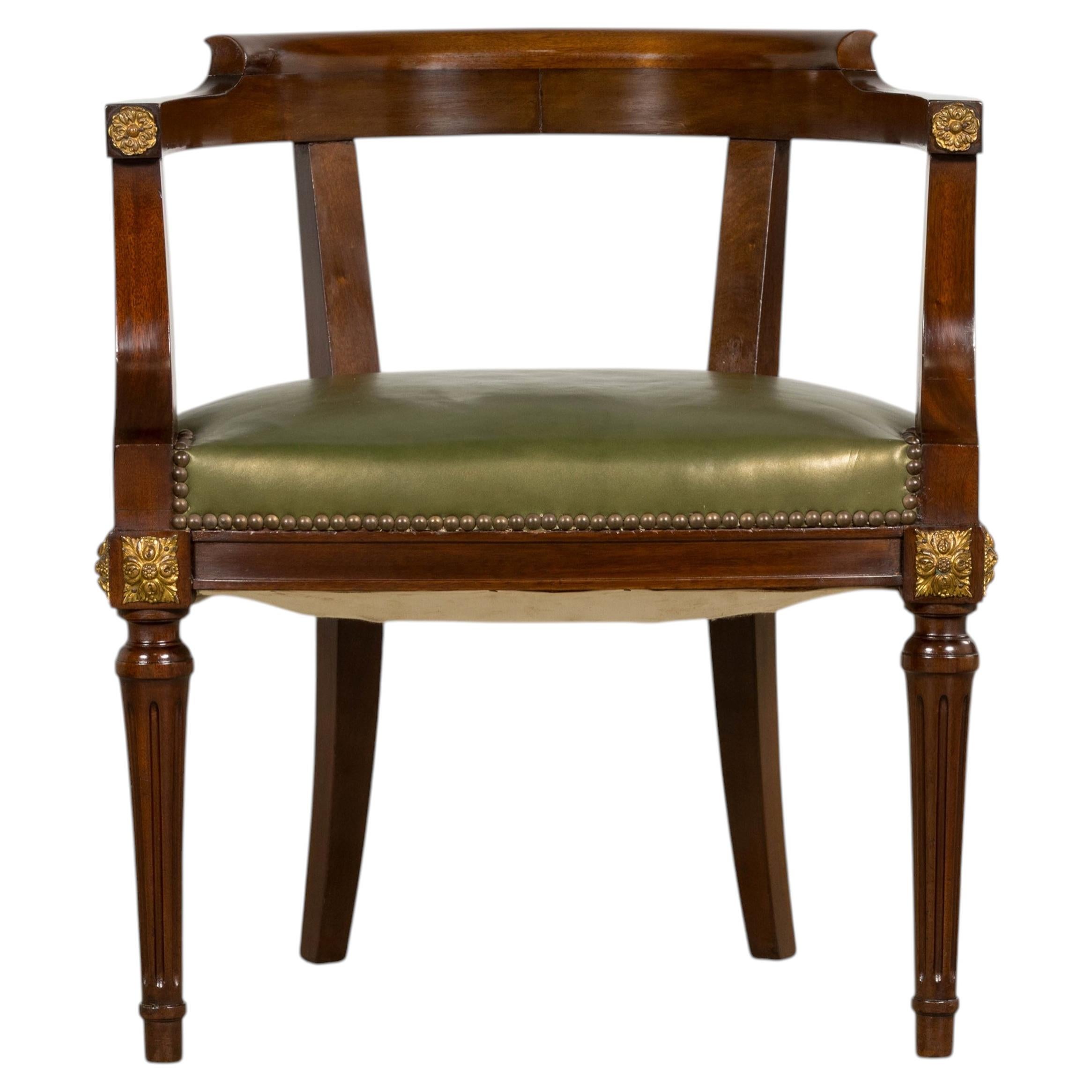Late 19th Century French Napoleon III Mahogany Desk Chair with Olive Leather