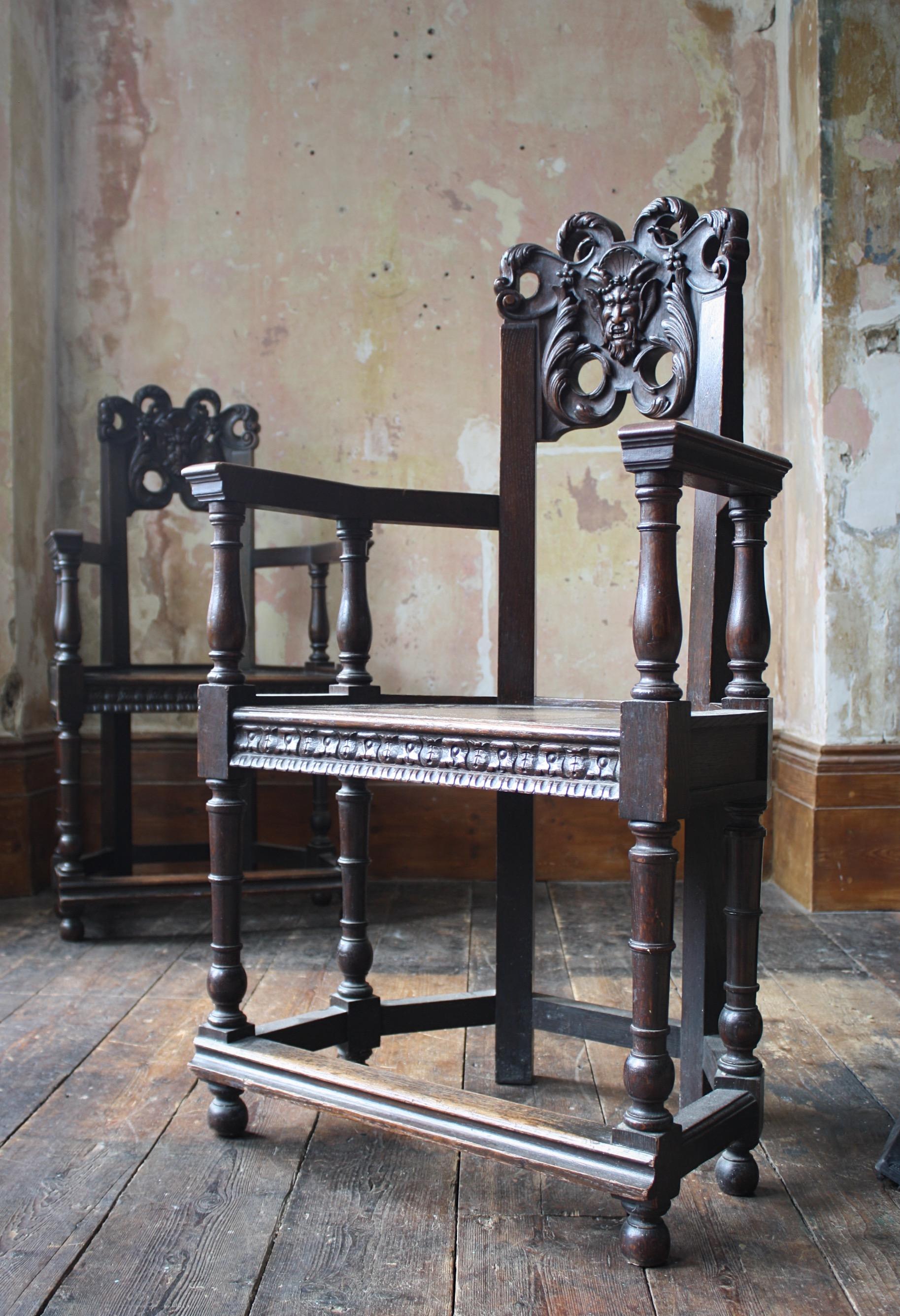 Late 19th Century French Oak Caquetoire Grotesque Pan Carved Armchairs  For Sale 9