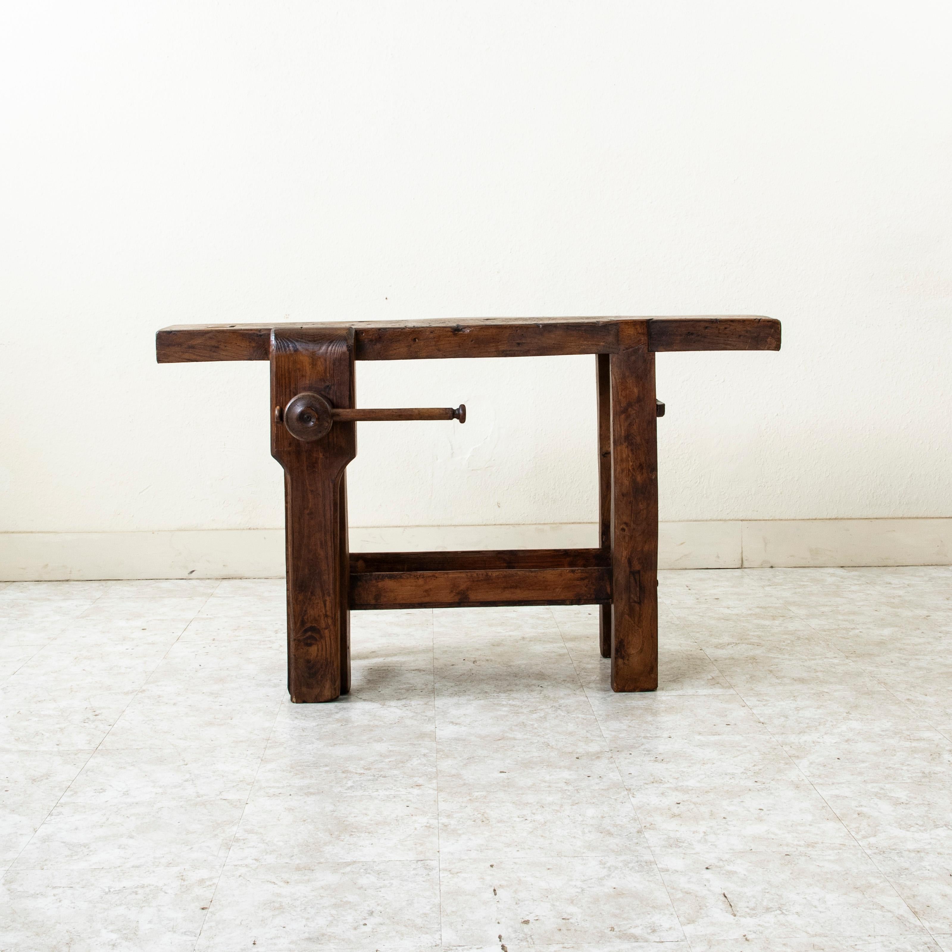 Late 19th Century French Oak Workbench with Vise, Console Table, Sofa Table In Good Condition For Sale In Fayetteville, AR