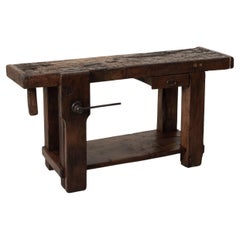 Late 19th Century French Oak Workbench with Vise, Drawer, Lower Shelf