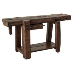 Antique Late 19th Century French Oak Workbench with Vise, Drawer, Lower Shelf