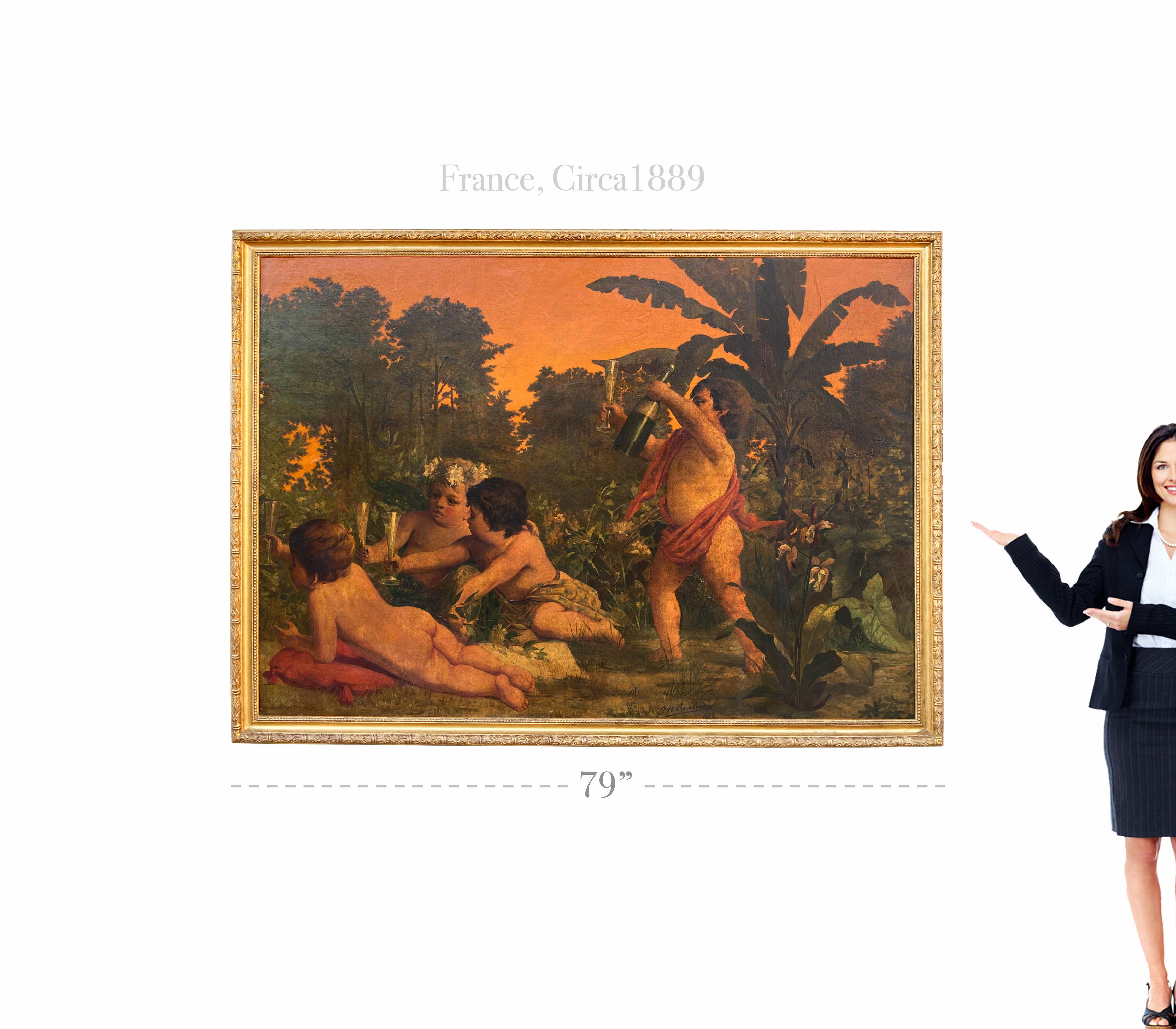 French oil on canvas painting of cupids signed and dated 1889.

Frame: 79” X 57”
Painting: 73” X 53”.