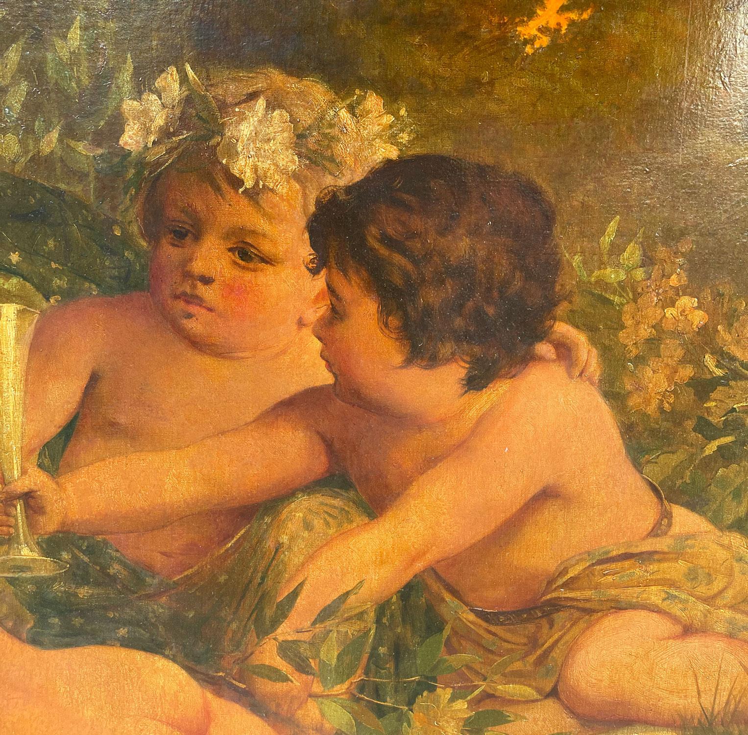 Late 19th Century French Oil on Canvas Painting of Cupids, France, 1889 In Good Condition For Sale In Pasadena, CA