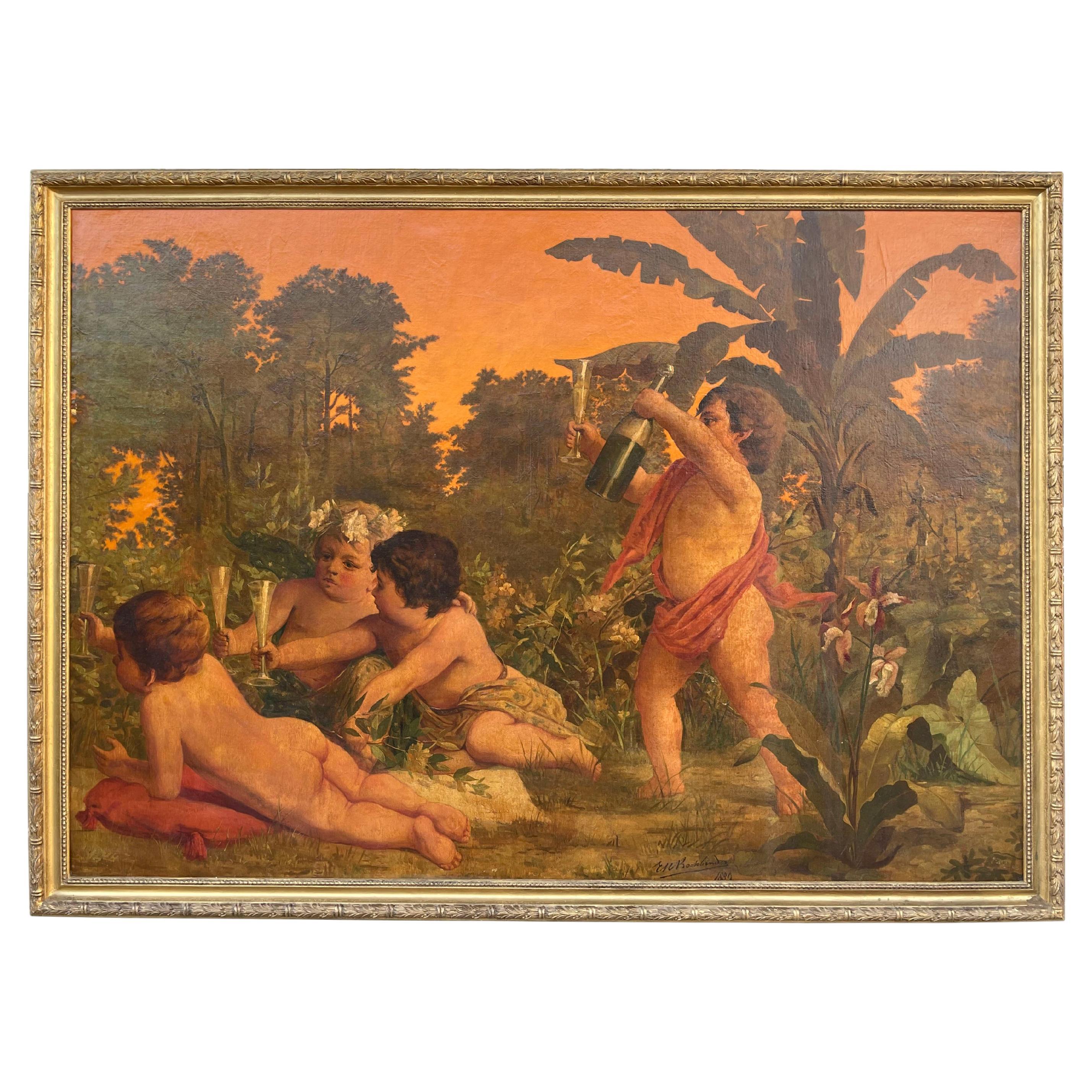 Late 19th Century French Oil on Canvas Painting of Cupids, France, 1889 For Sale