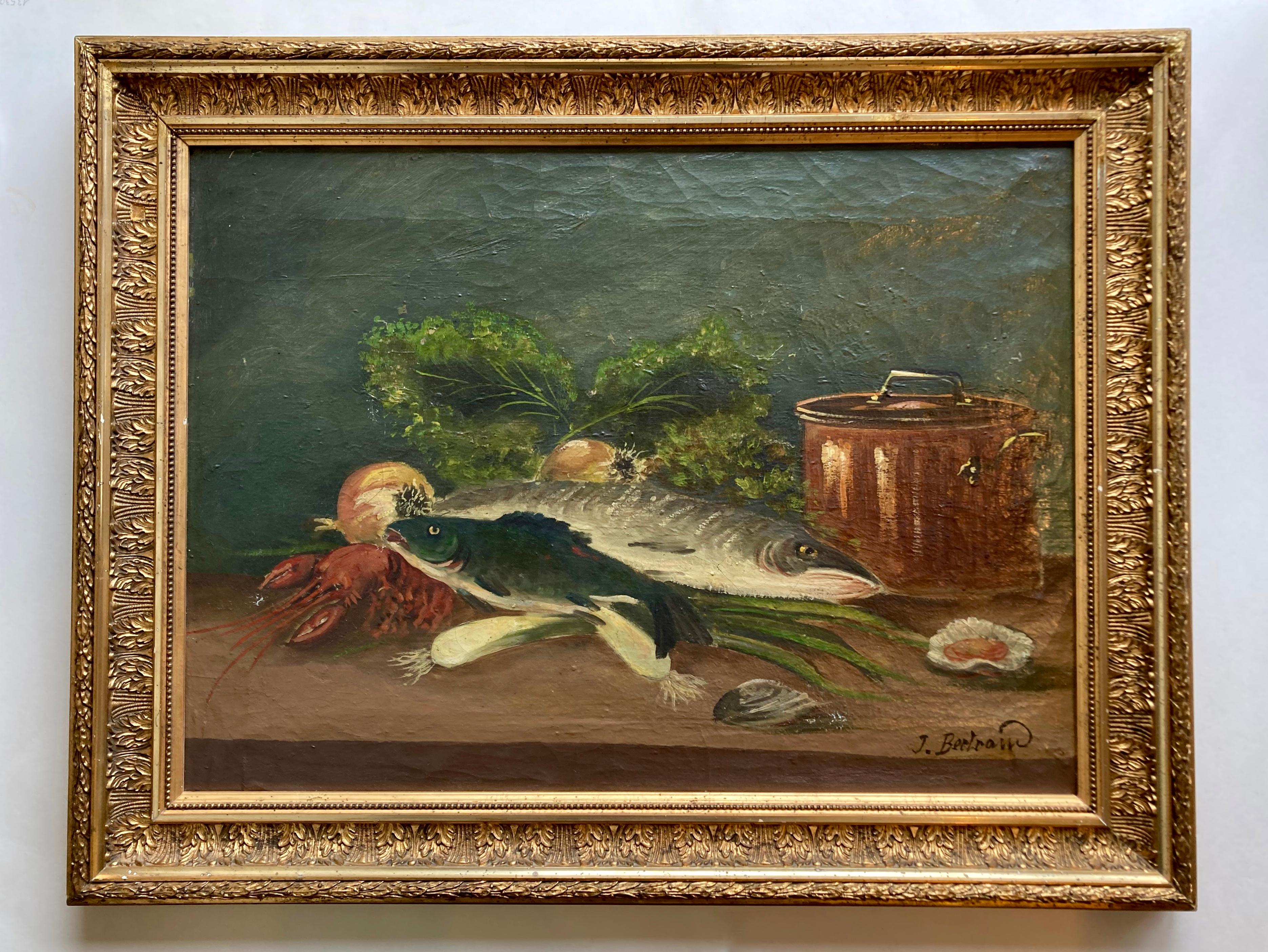 A large and impressive late 19th century still-life. This antique oil painting on stretched canvas is signed by the French artist J. Bertrand (see lower right corner) but not dated. The painting features a classic kitchen inspired still-life of fish