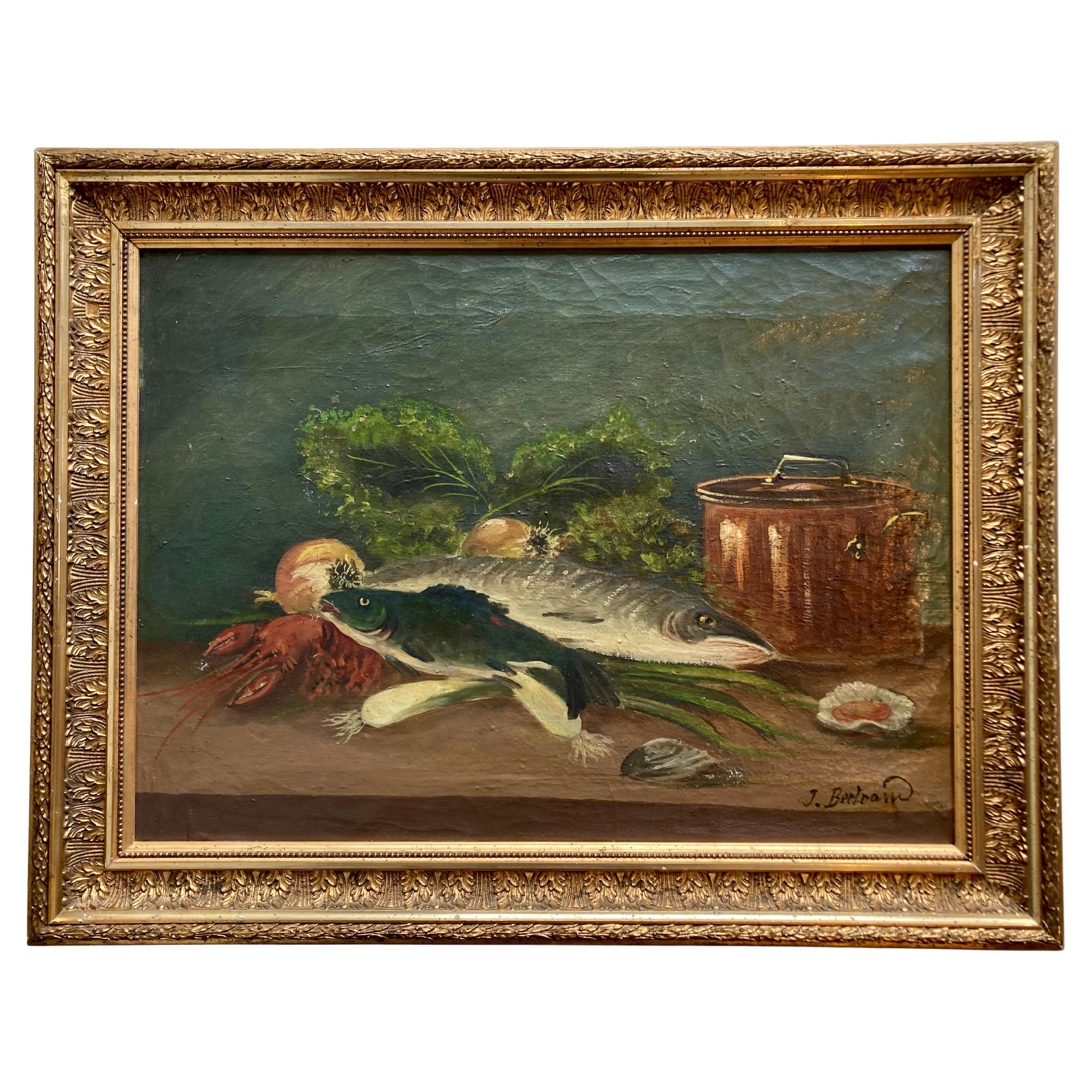 Nature morte à l'huile sur toile tendue de la fin du XIXe siècle par J. Bertrand 