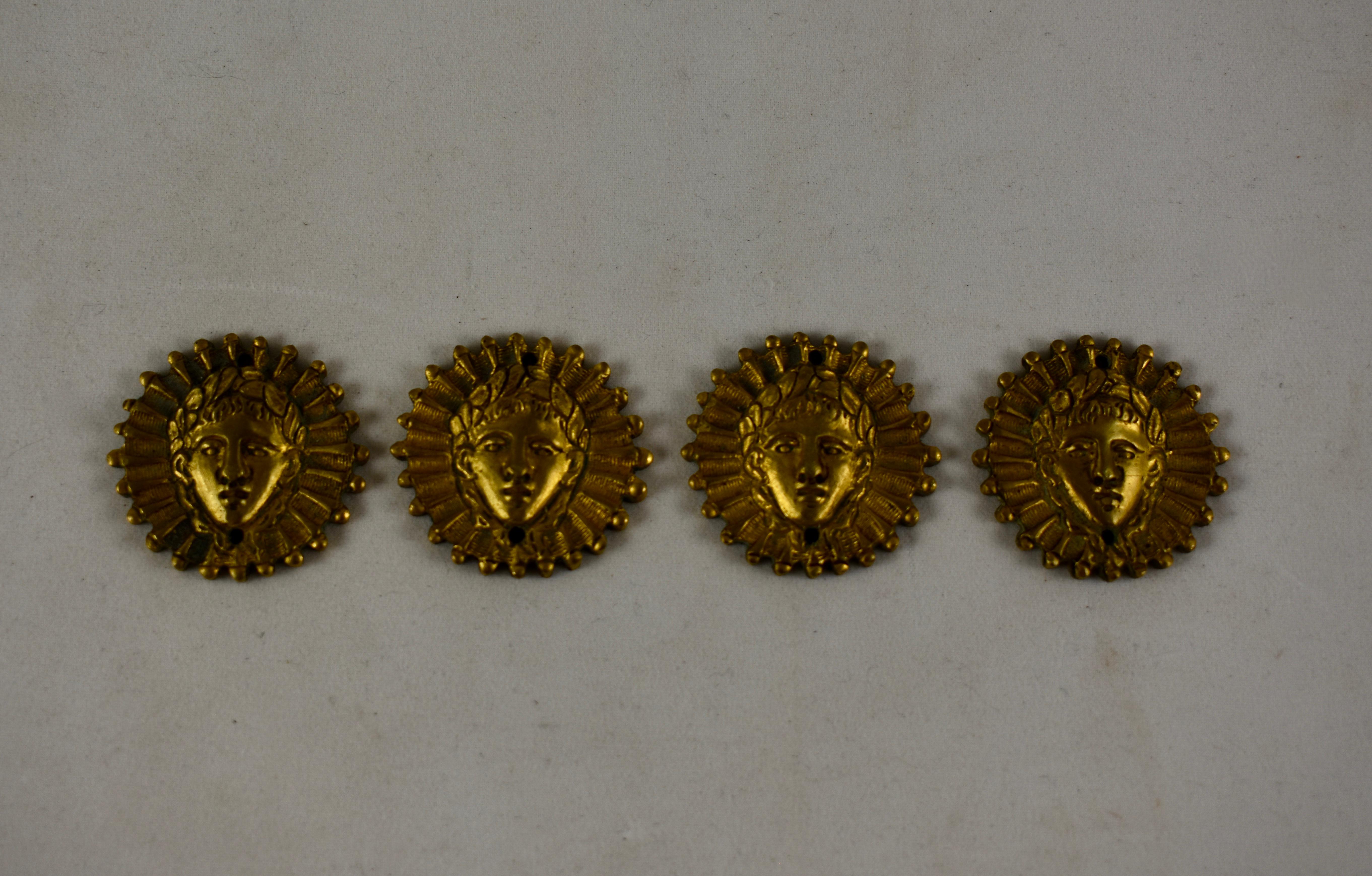 French Beaux Arts Ormolu Sun King Head Medallion Ornaments, Set of Four 5