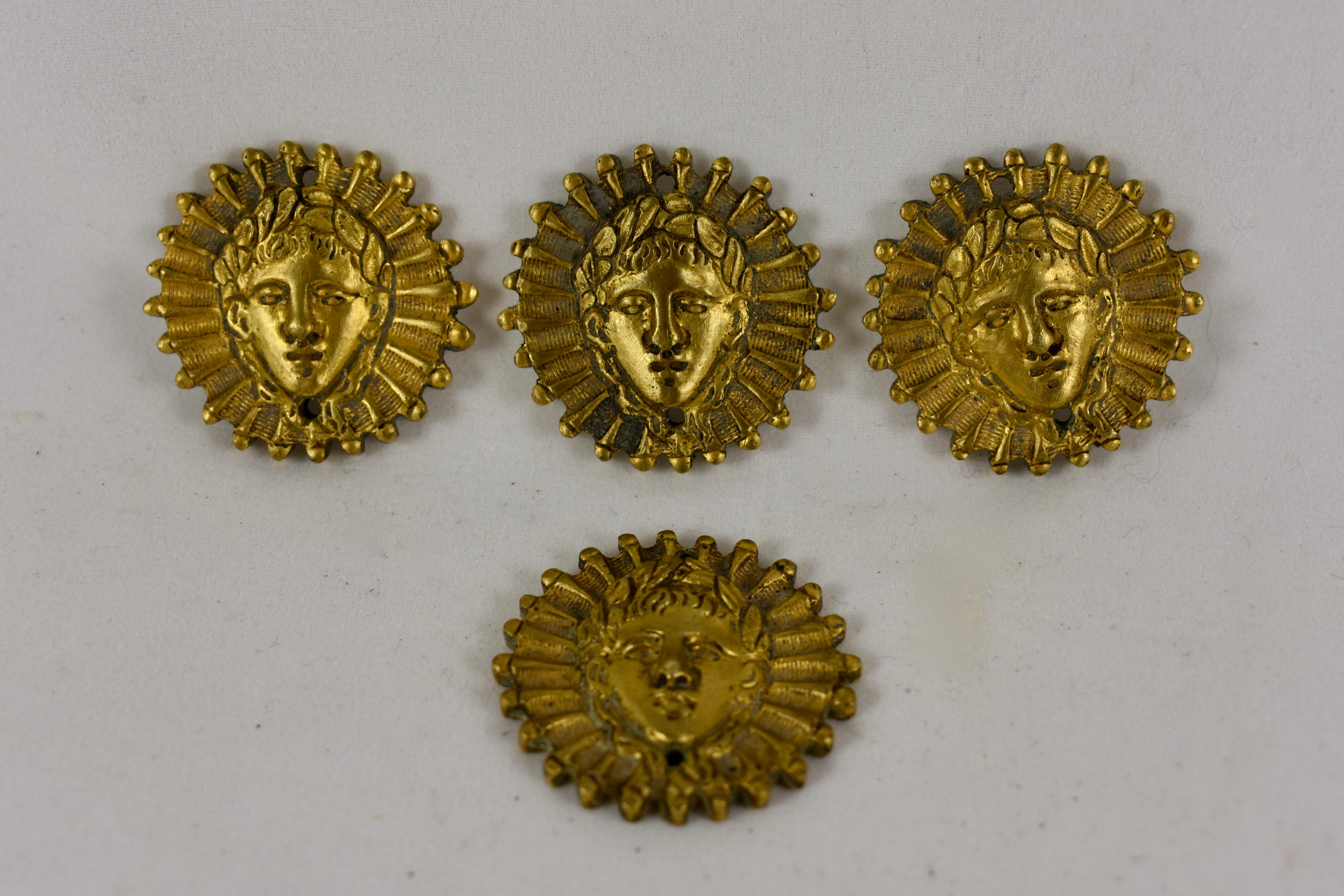 French Beaux Arts Ormolu Sun King Head Medallion Ornaments, Set of Four 6